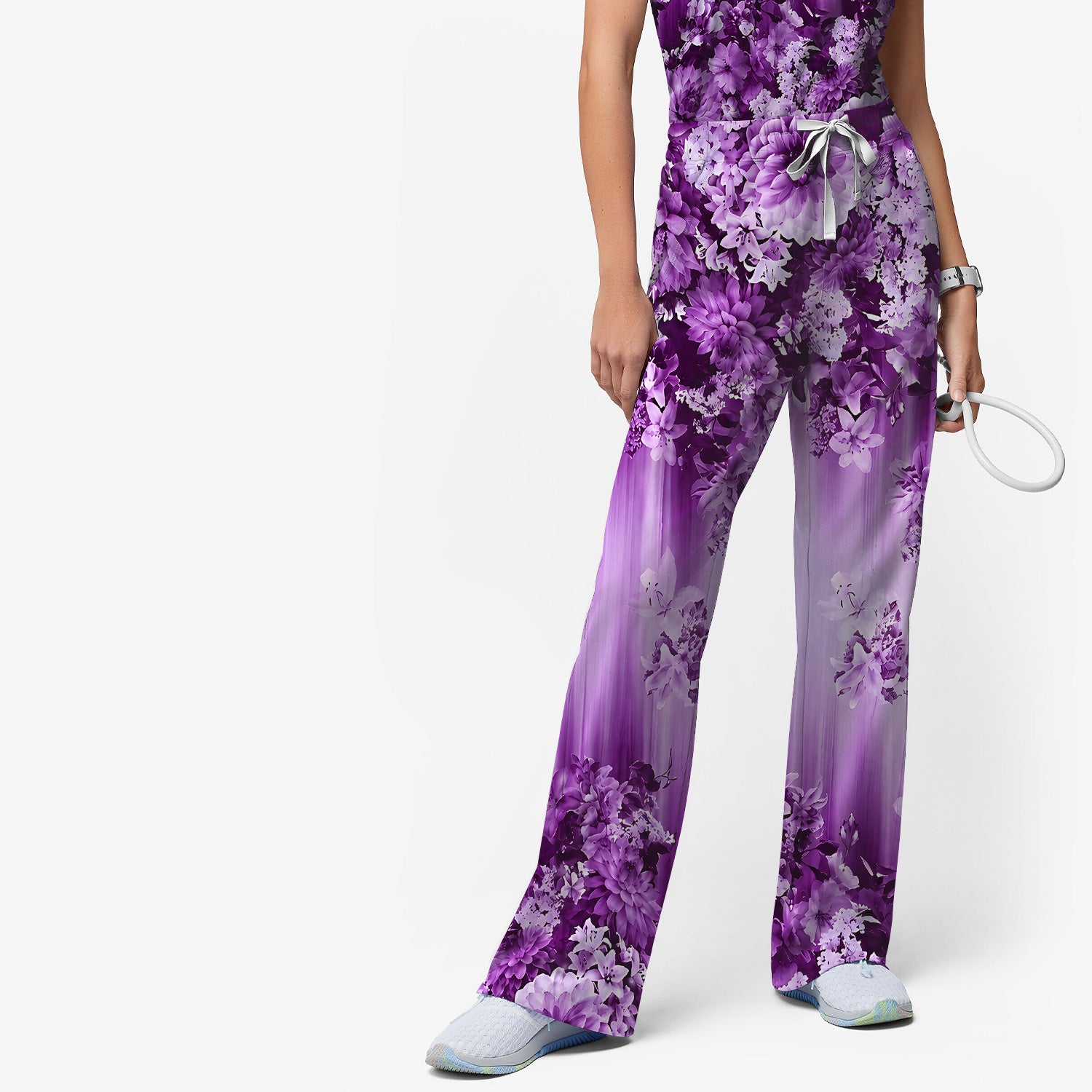 Purple Blossom Garden Pattern Scrub Set, Scrub Pants and V Neck Top