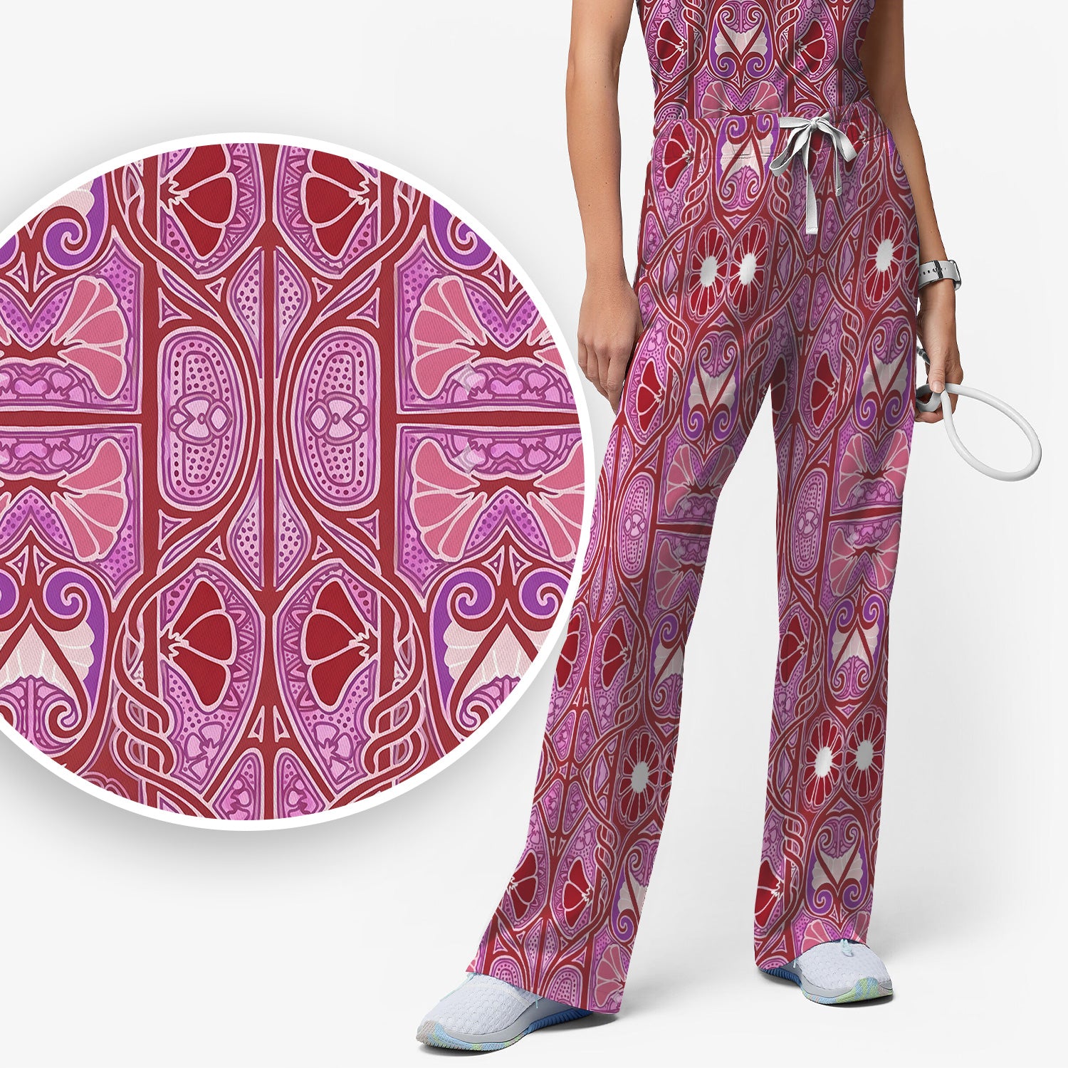 Vintage Ornamental Floral Pattern Scrub Set, Scrub Pants and V Neck Top
