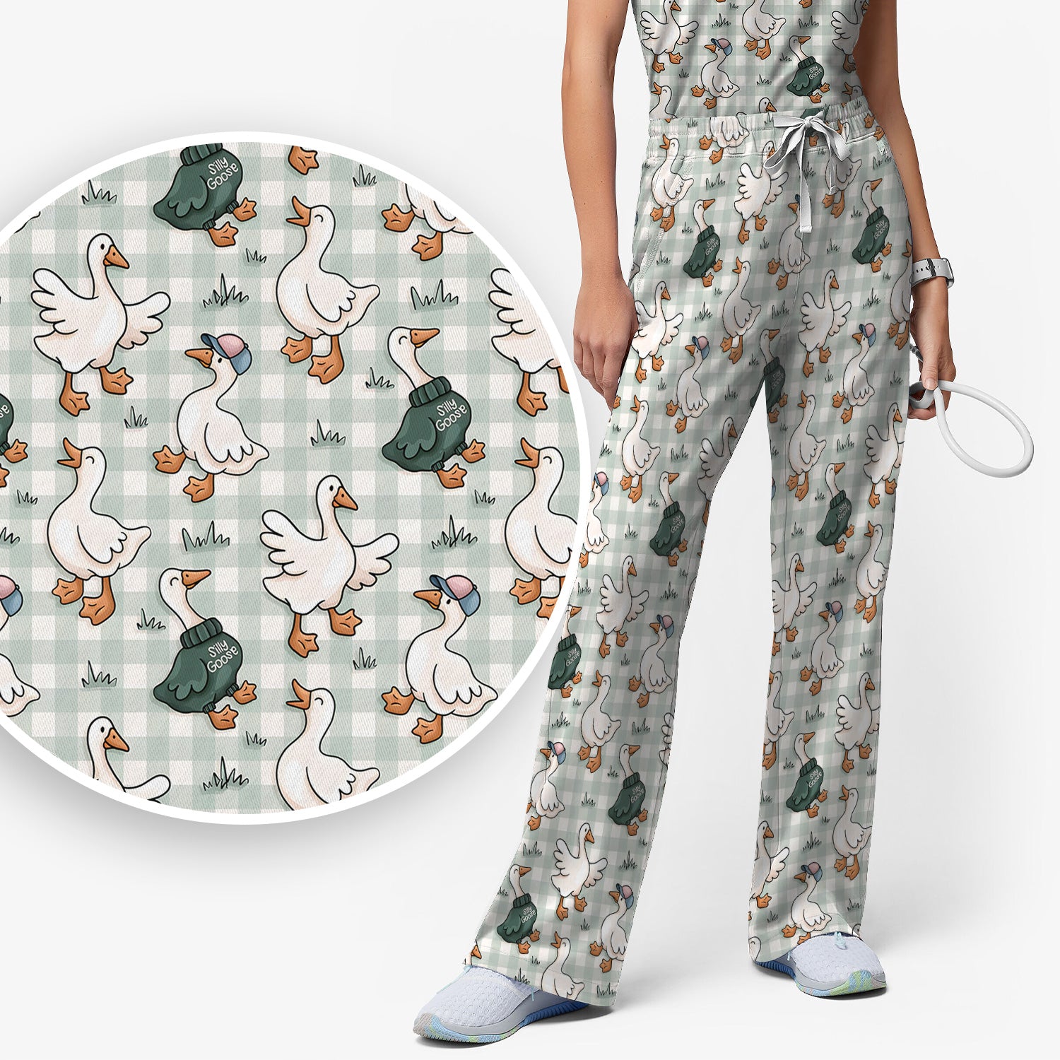 Funny Goose Wearing Sweater On Plaid Background Pattern Scrub Set, Scrub Pants and V Neck Top