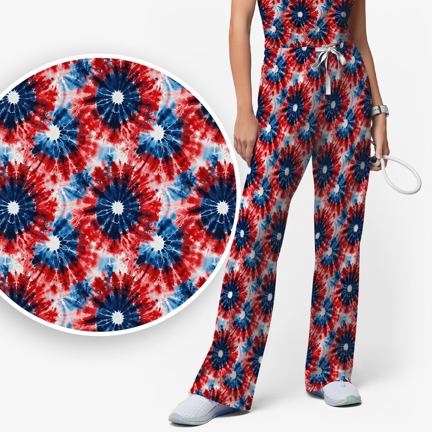 Festive Nurse Tie Dye Firework Burst Pattern Scrub Set, Scrub Pants and V Neck Top