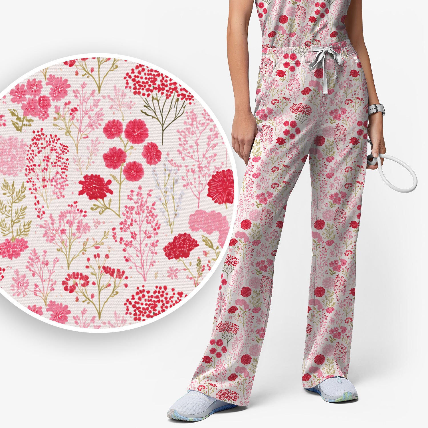 Pink Floral Pattern Allover Print Scrub Set, Scrub Pants and V Neck Top