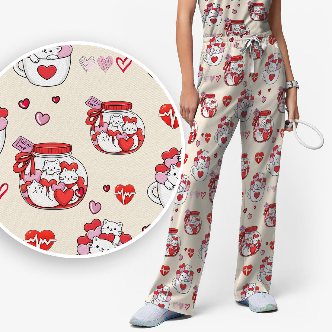 Cute Cat Valentine Nurse Scrub Set, Women's Scrub Sets Breathable Uniform