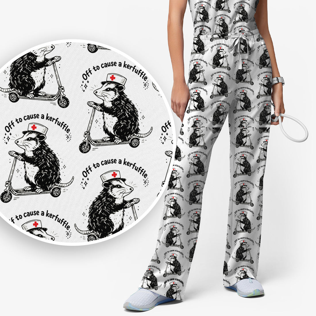 Funny Opossum Nurse Riding Scooter Pattern Scrubs Set, Breathable Med Uniform
