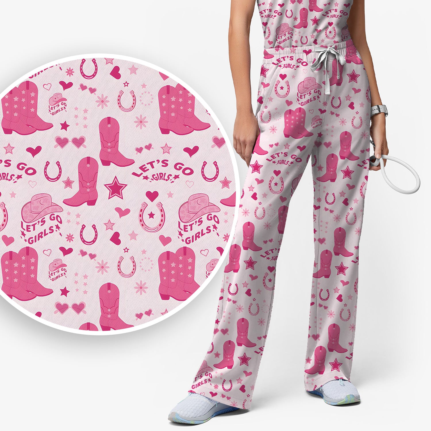 Pink Cowgirl Boots Print Scrub Set, Scrub Pants and V Neck Top