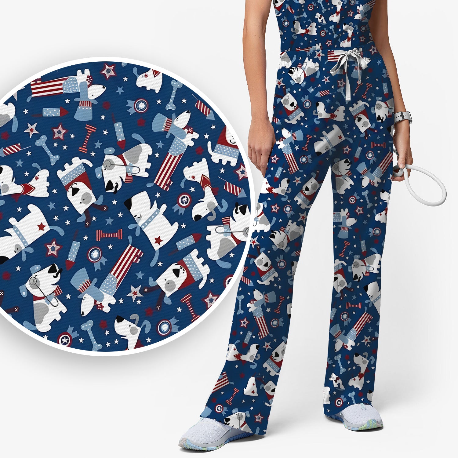 Patriotic Nurse Dog Stars Pattern Scrub Set, Scrub Pants and V Neck Top