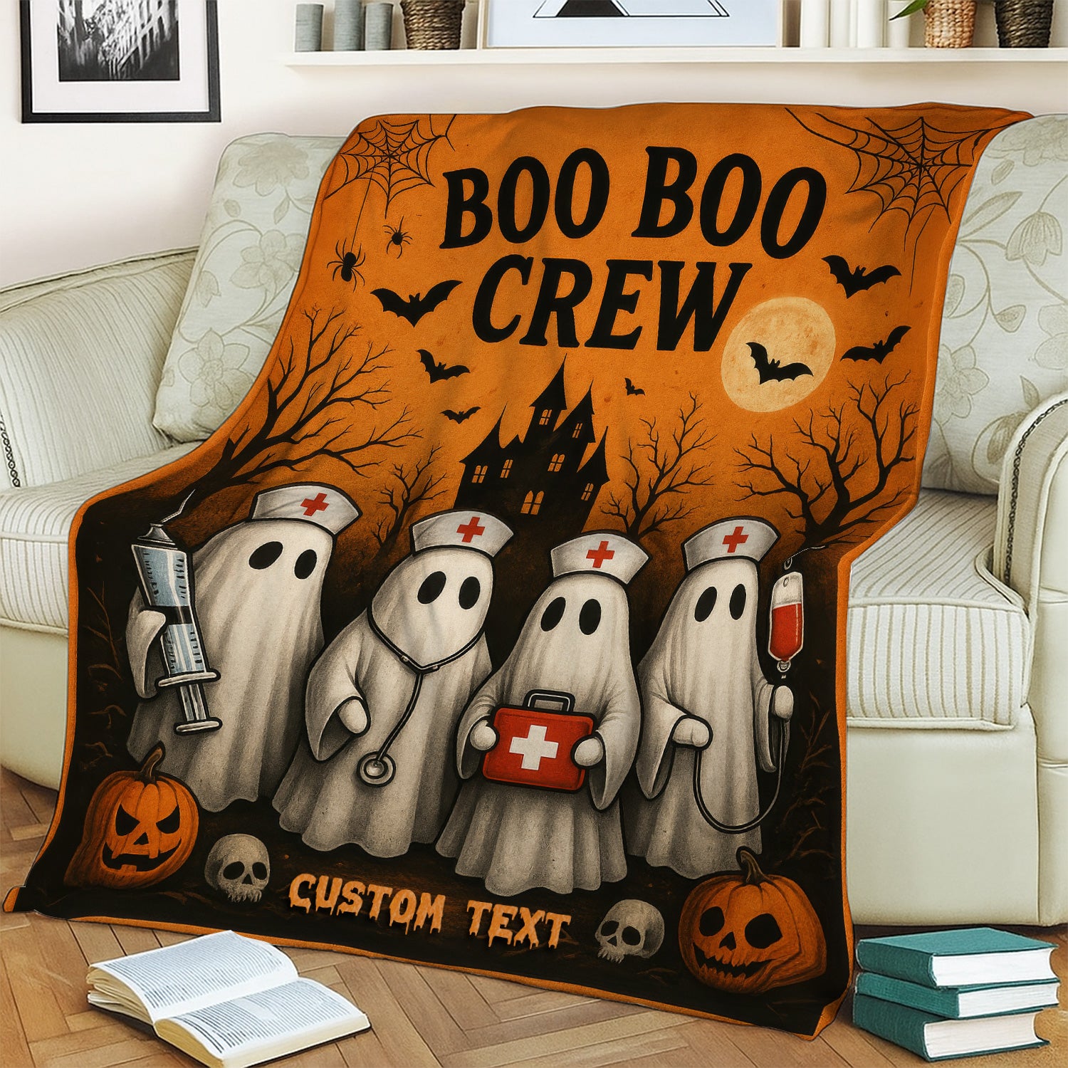 Halloween Boo Boo Crew Nurse Blanket - Funny Ghosts & Medical Equipment Design - Custom Text Gift for Healthcare Workers, Nurses, LPN, CNA
