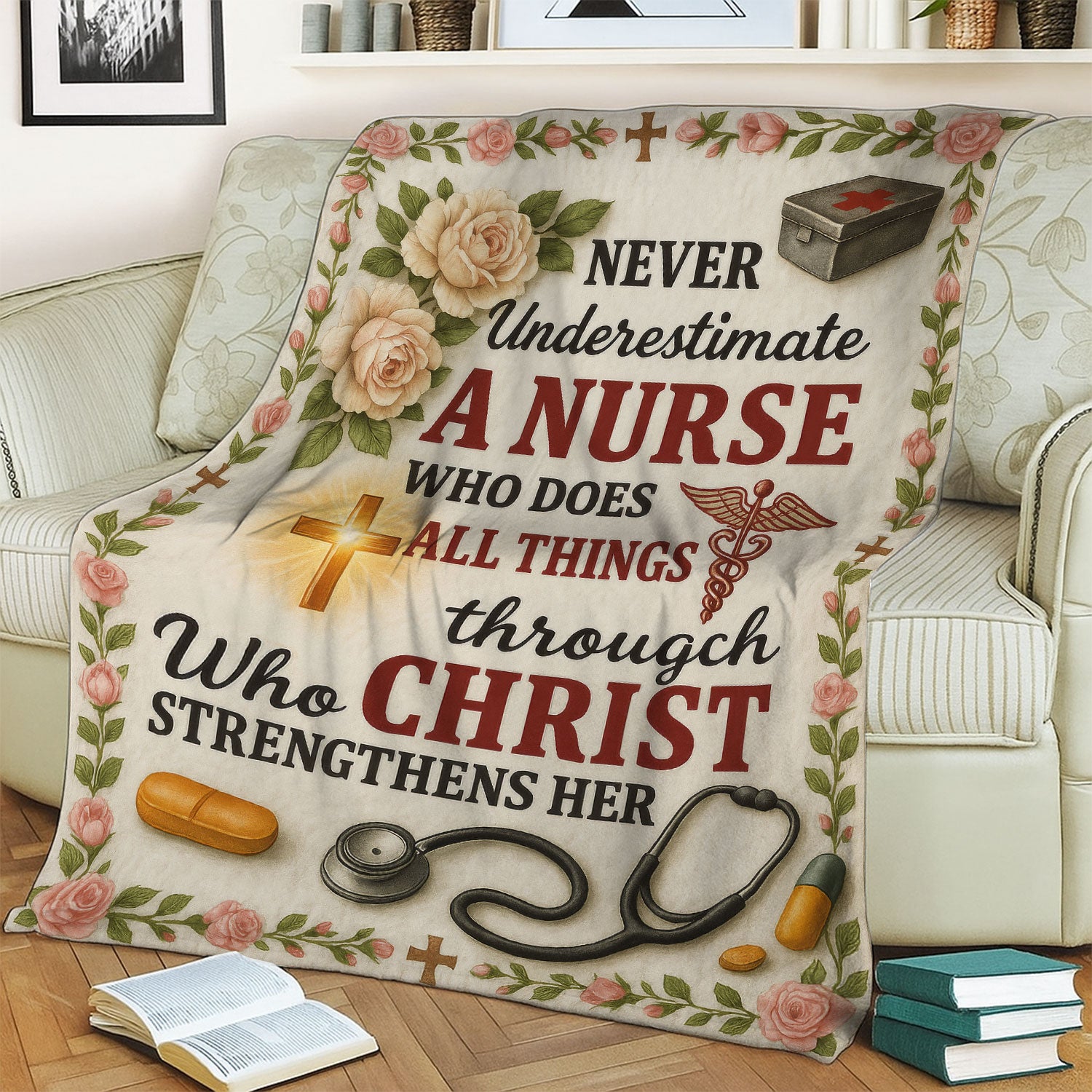 Faith-Based Nurse Blanket - Never Underestimate a Nurse Through Christ Design - Religious Gift for RN CNA LPN Women Healthcare Workers