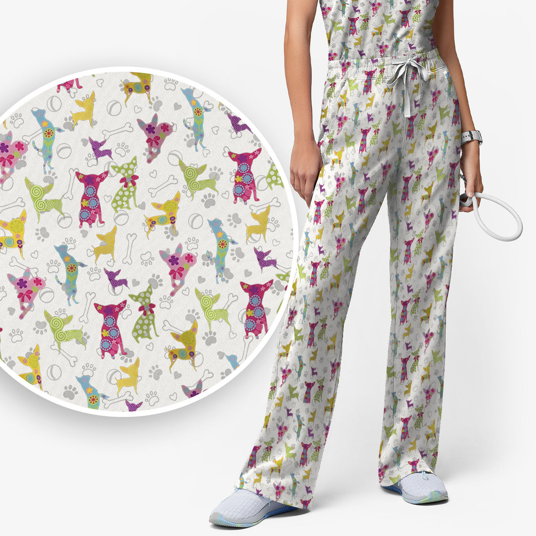 Colorful Playful Dog Print Nurse Scrub Set, Scrub Pants and V Neck Top