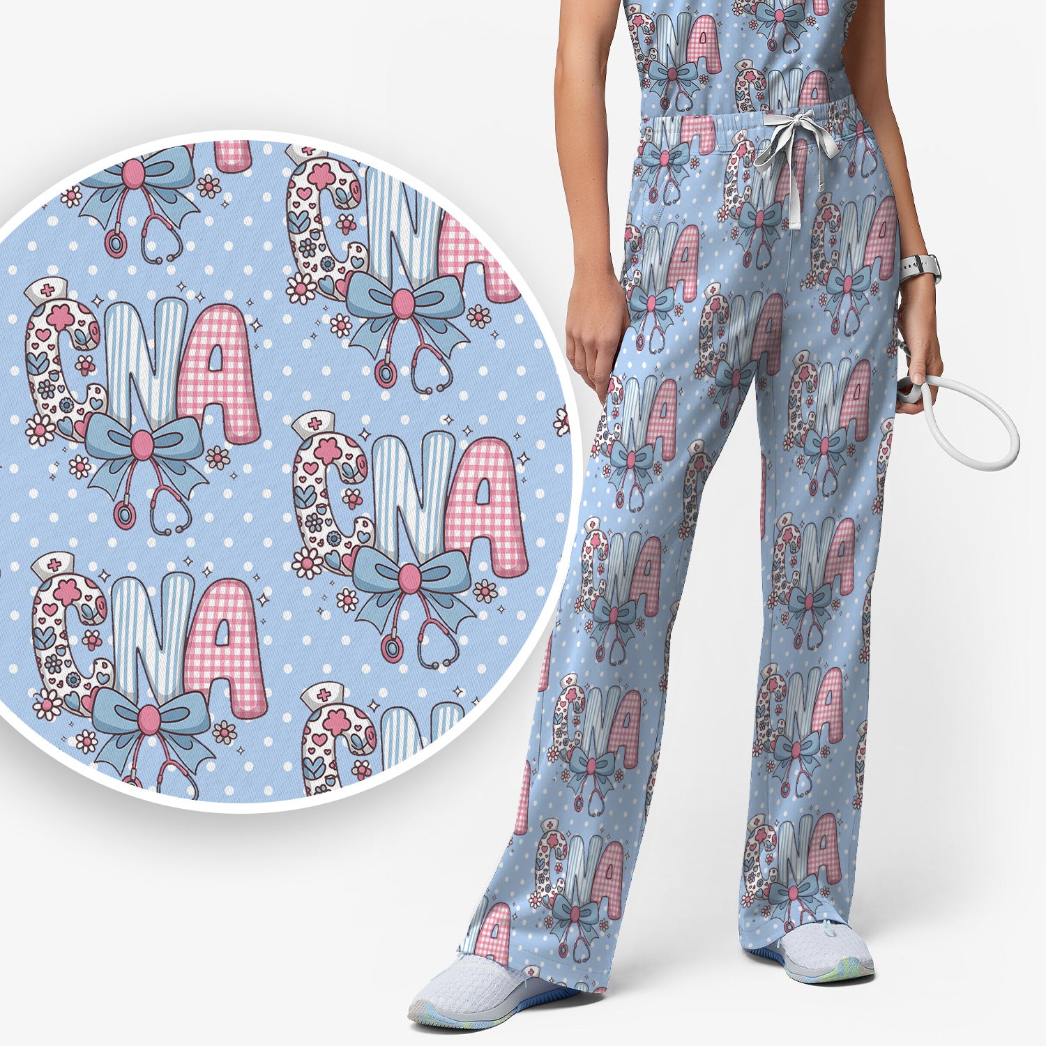 Cute CNA Floral Bow Pattern Scrub Set, Scrub Pants and V Neck Top, Breathable Med Uniform