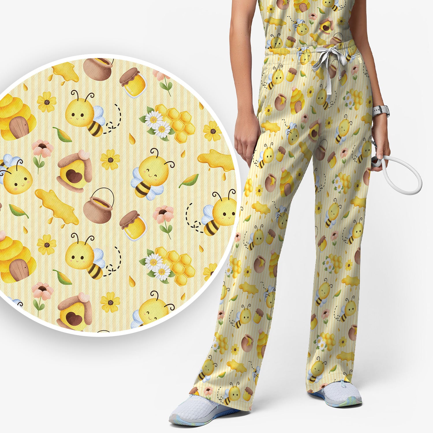 Cute Bee Honey Flower Stripe Pattern Scrub Set, Scrub Pants and V Neck Top