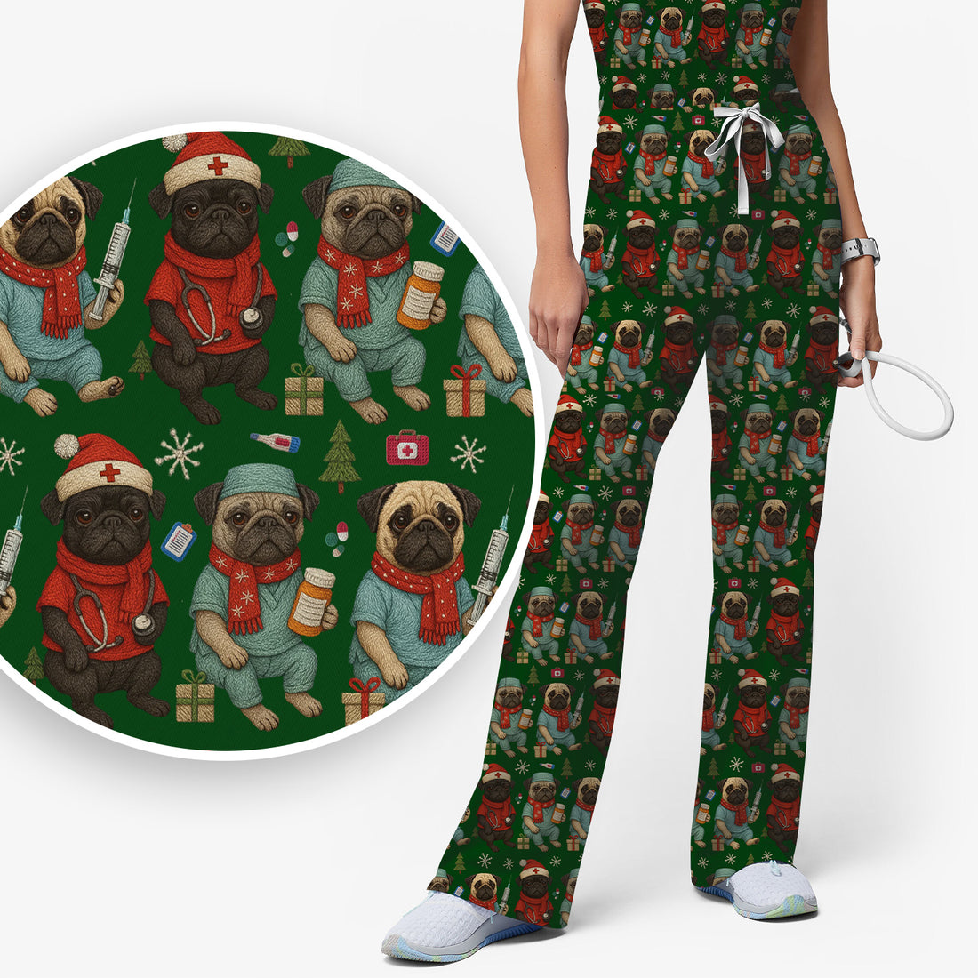 Christmas Pug Nurse Scrub Set, Cute Holiday Dog Medical Uniform Shirt For Nursing