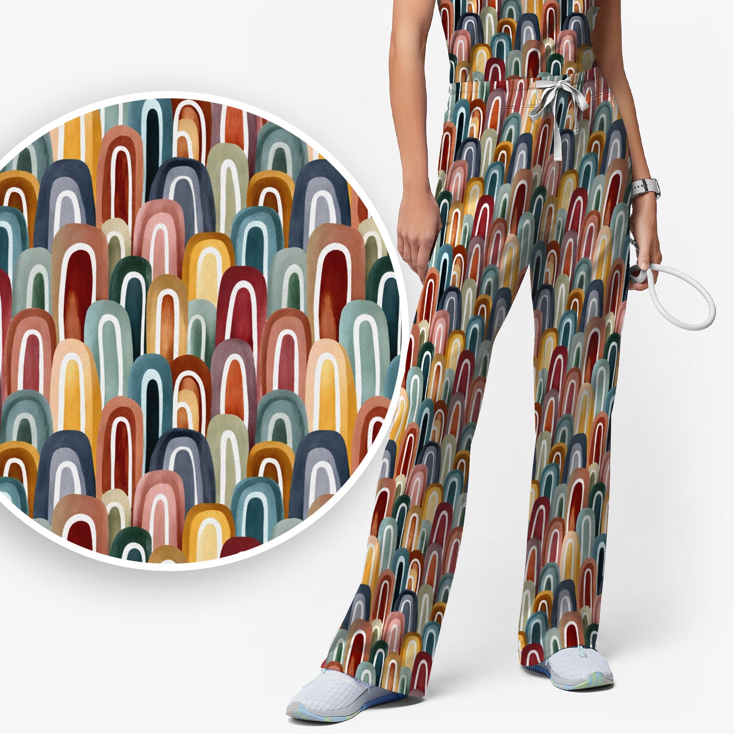 Retro Boho Rainbow Arch Pattern Scrub Set, Scrub Pants and V Neck Top