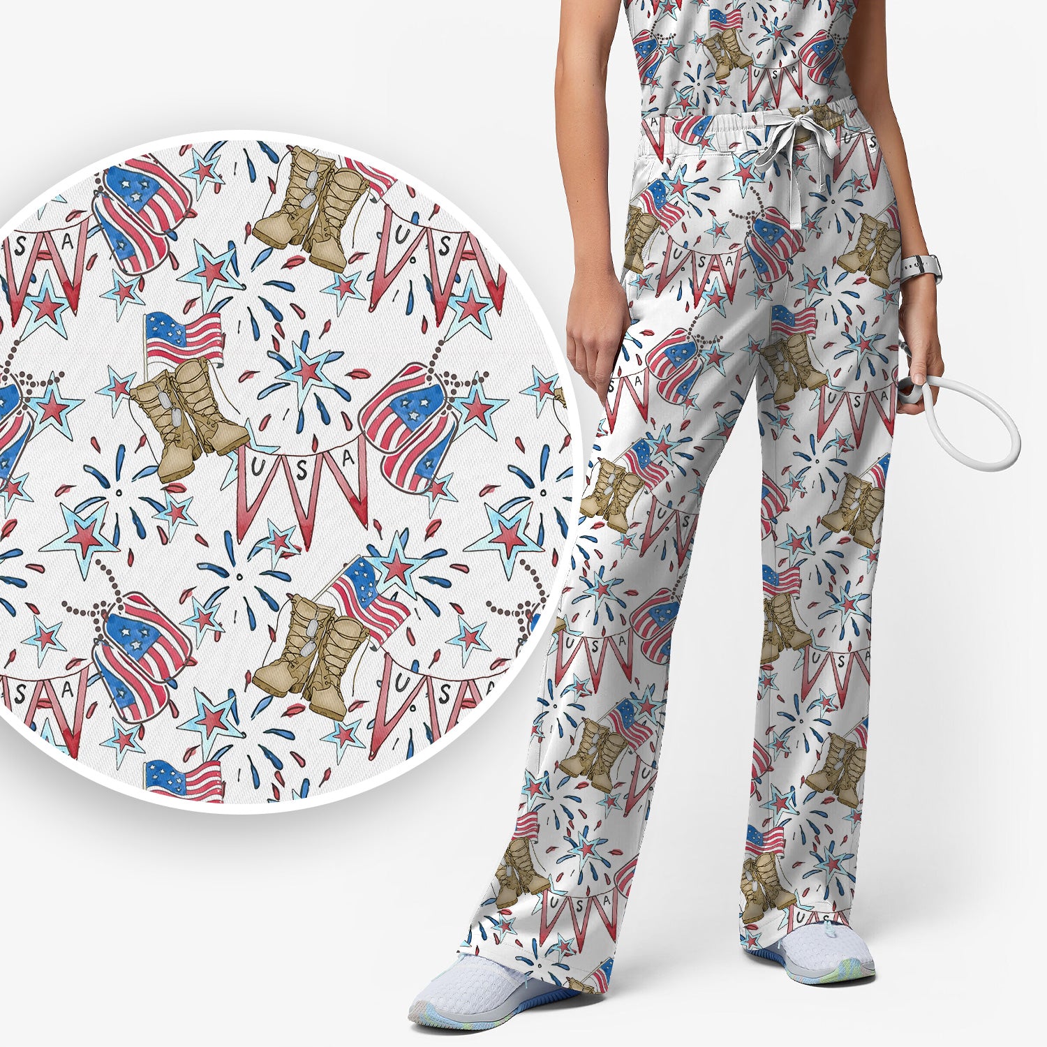 USA Boots Banner Pattern Scrub Set, Scrub Pants and V Neck Top
