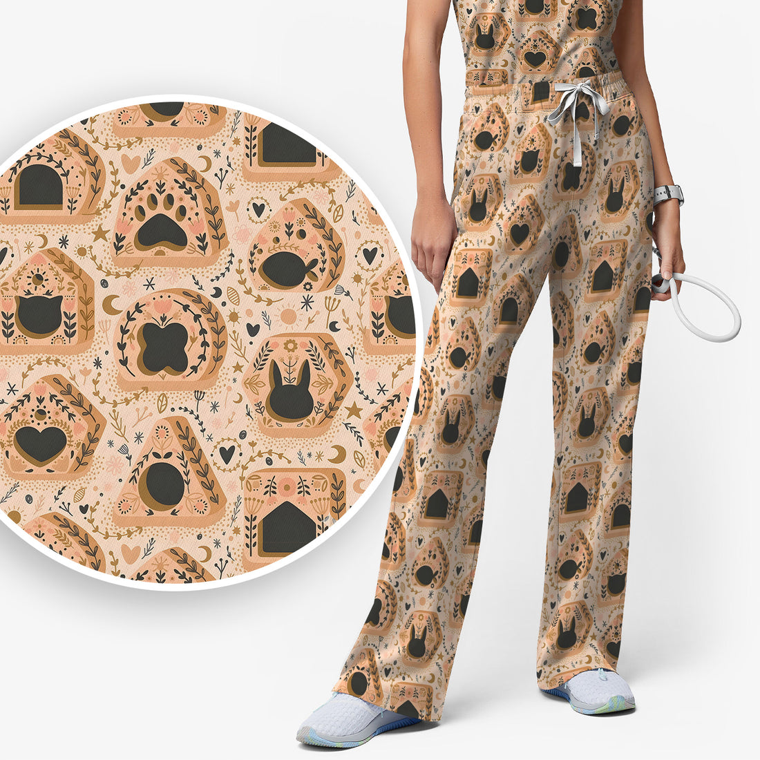 Cute Woodland Bunny Cottagecore Floral Pattern Scrub Set, Scrub Pants and V Neck Top