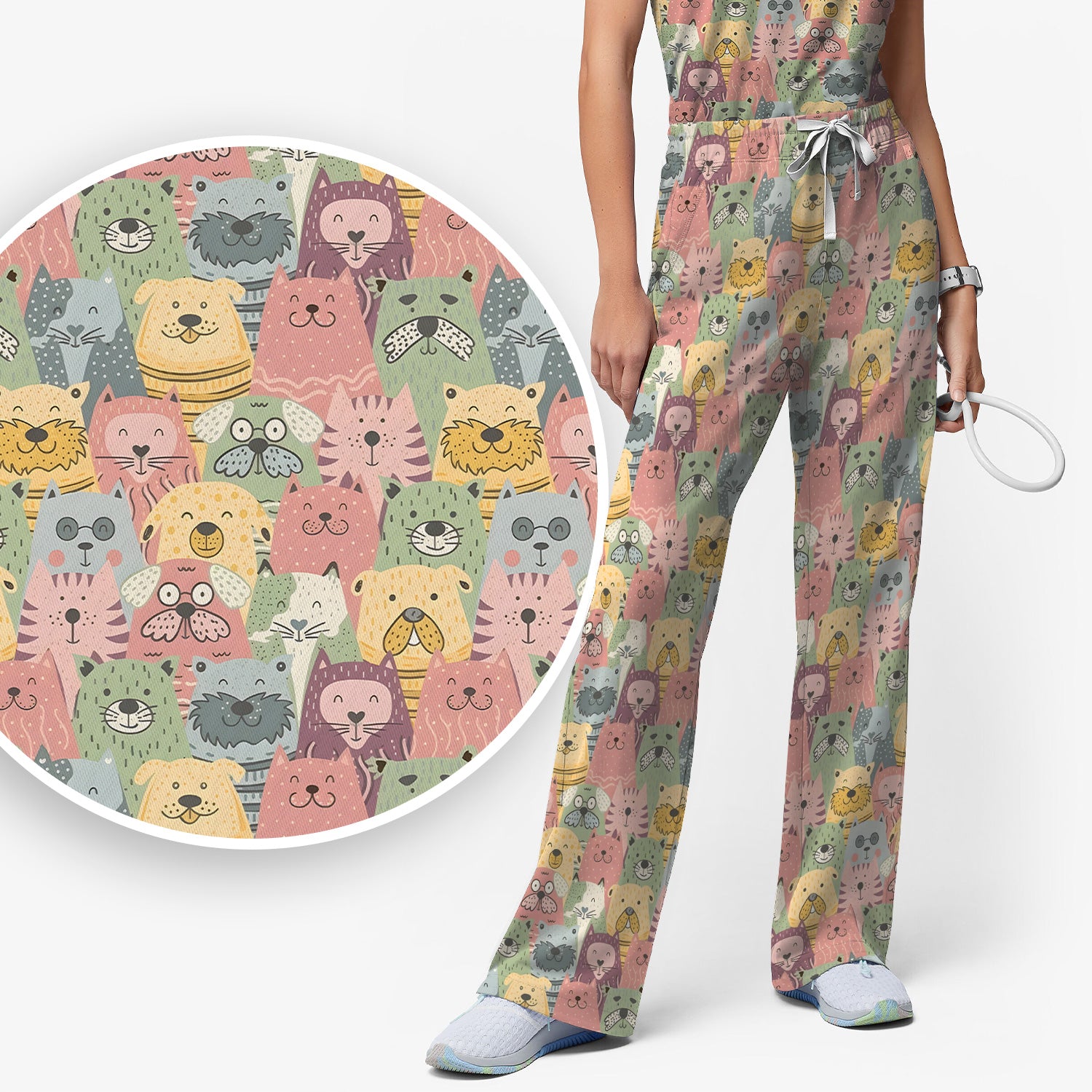 Cartoon Cat & Dog Faces Pattern Scrub Set, Scrub Pants and V Neck Top