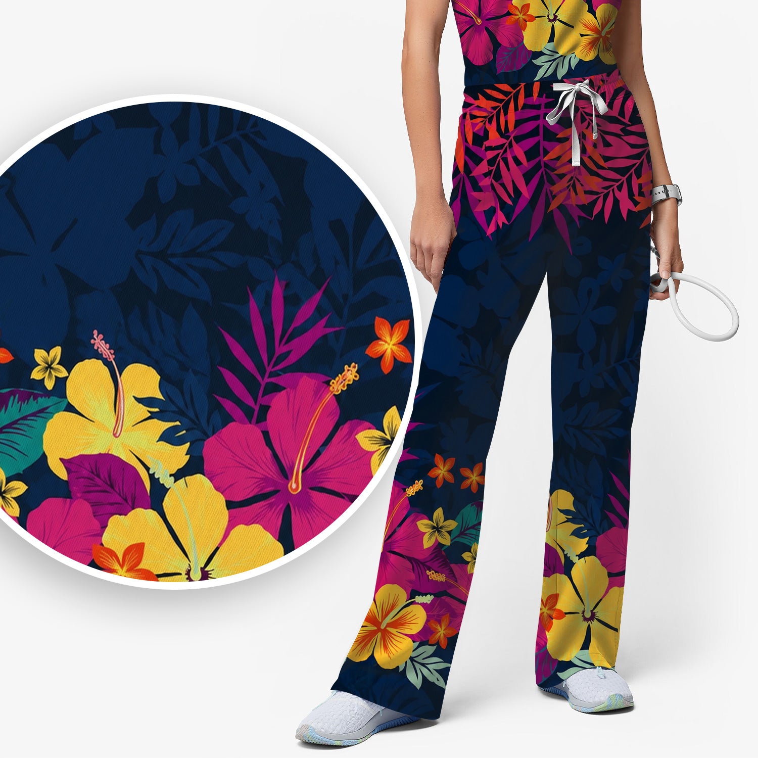 Tropical Hibiscus Palm Leaf Pattern Scrub Set, Scrub Pants and V Neck Top