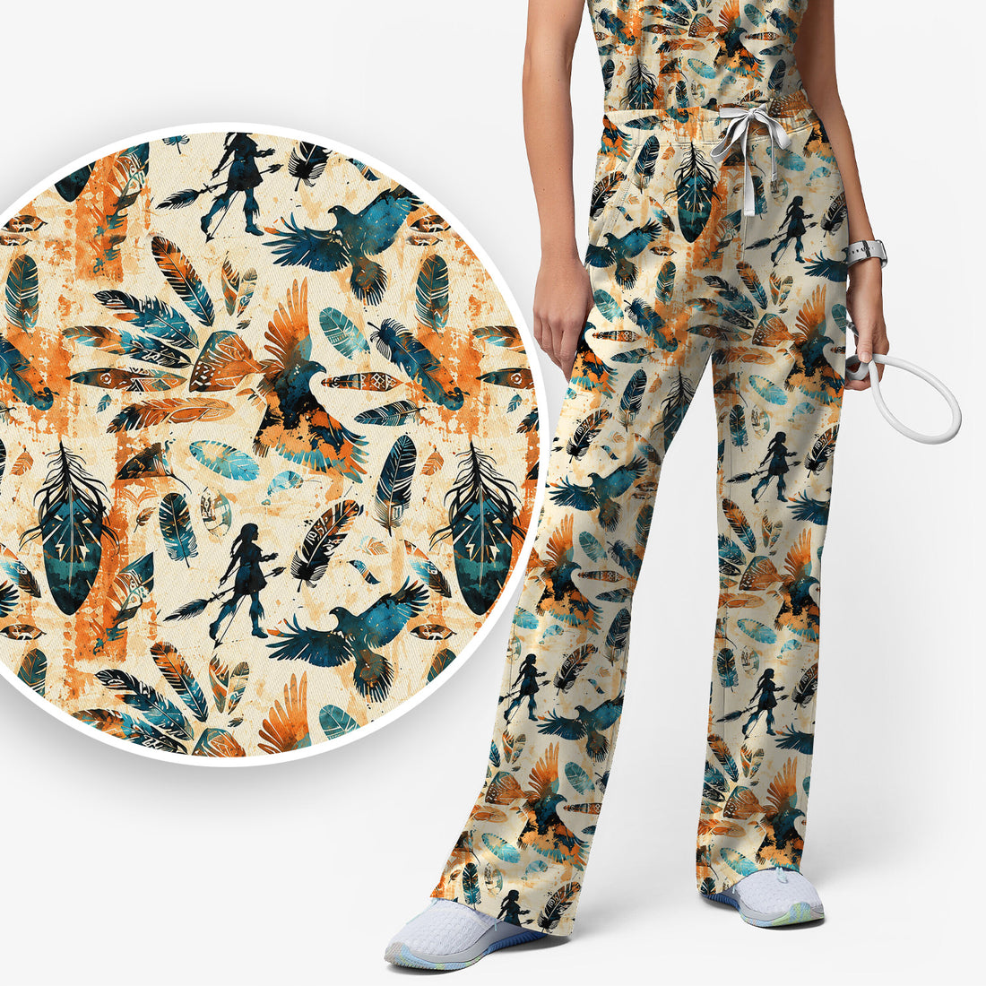 Feather Birds Tribal Print Scrub Set, Scrub Pants and V Neck Top