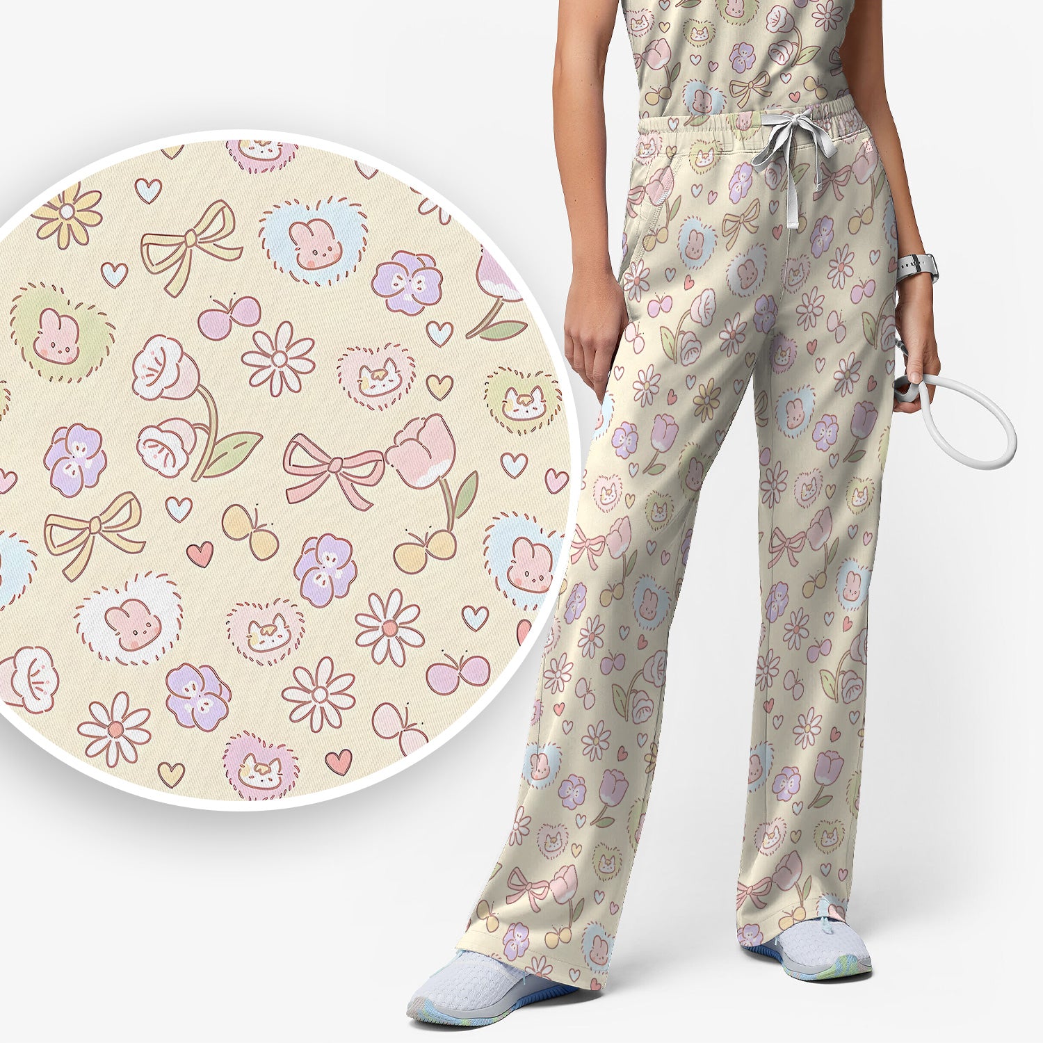 Pastel Bunny Flower Heart Pattern Nurse Scrub Set, Scrub Pants and V Neck Top