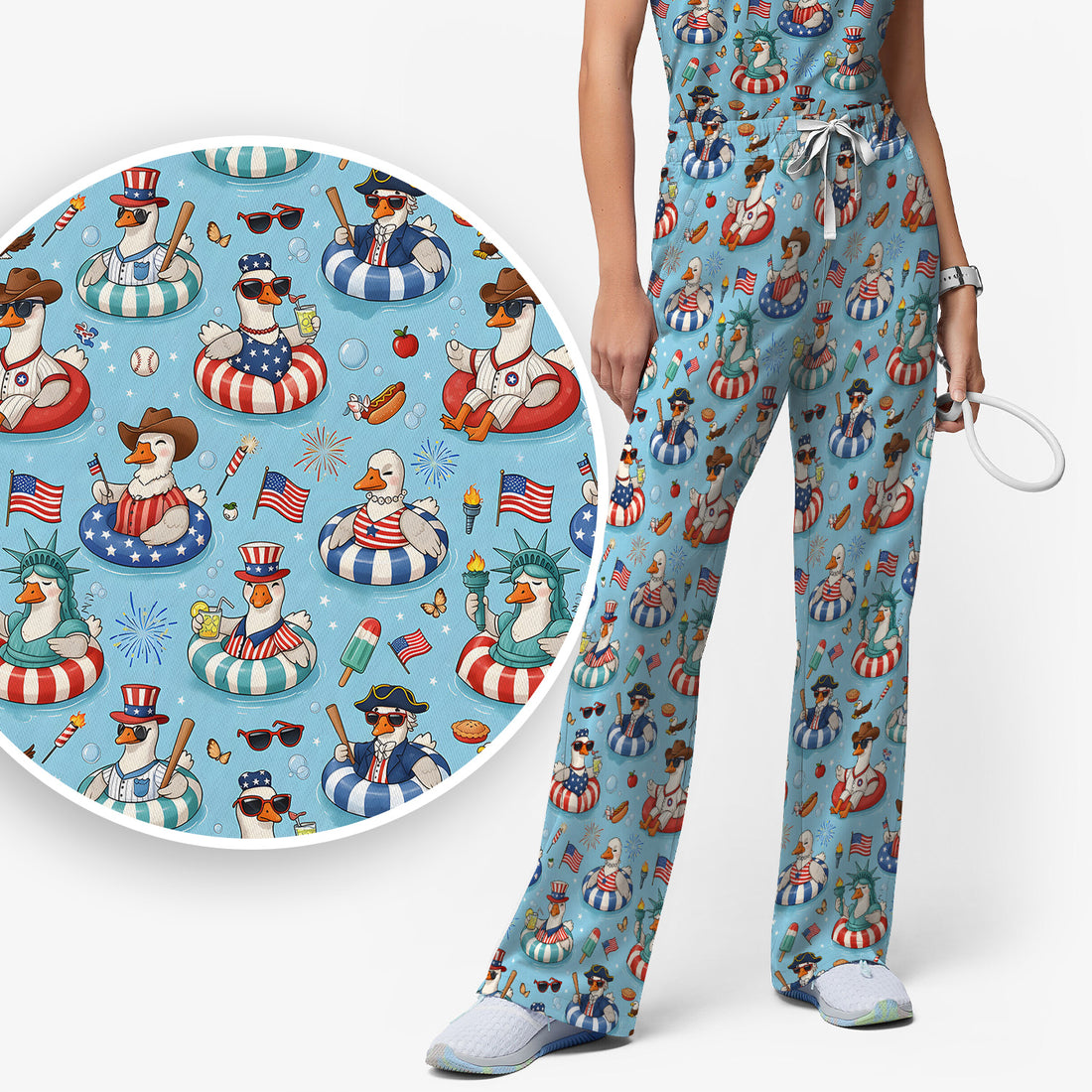 Funny Patriotic Duck Pool Party Pattern Scrub Set, Scrub Pants and V Neck Top
