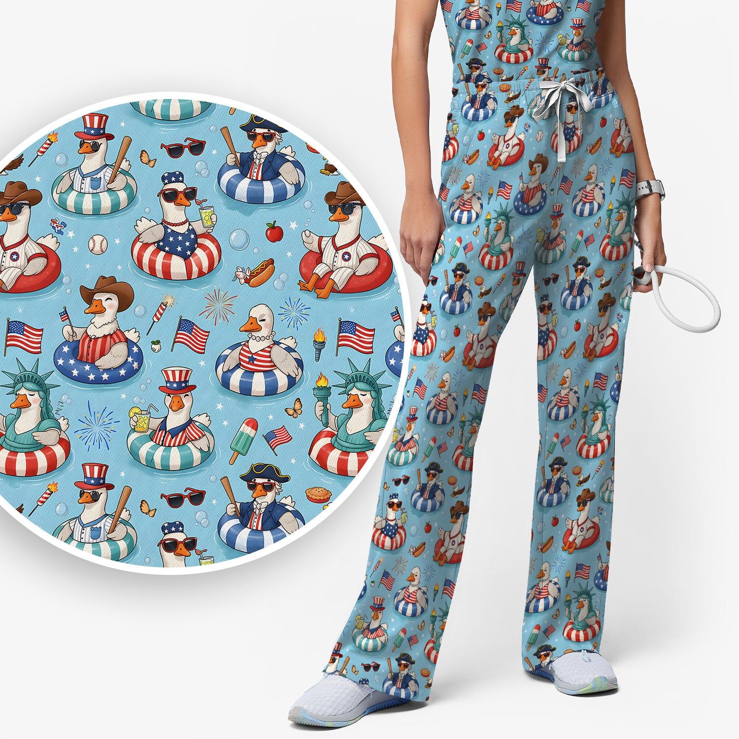 Funny Patriotic Duck Pool Party Pattern Scrub Set, Scrub Pants and V Neck Top