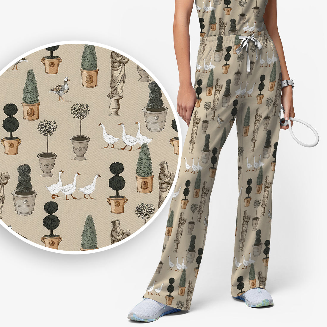 Vintage Garden Statue Topiary Goose Bird Pattern Scrub Set, Scrub Pants and V Neck Top