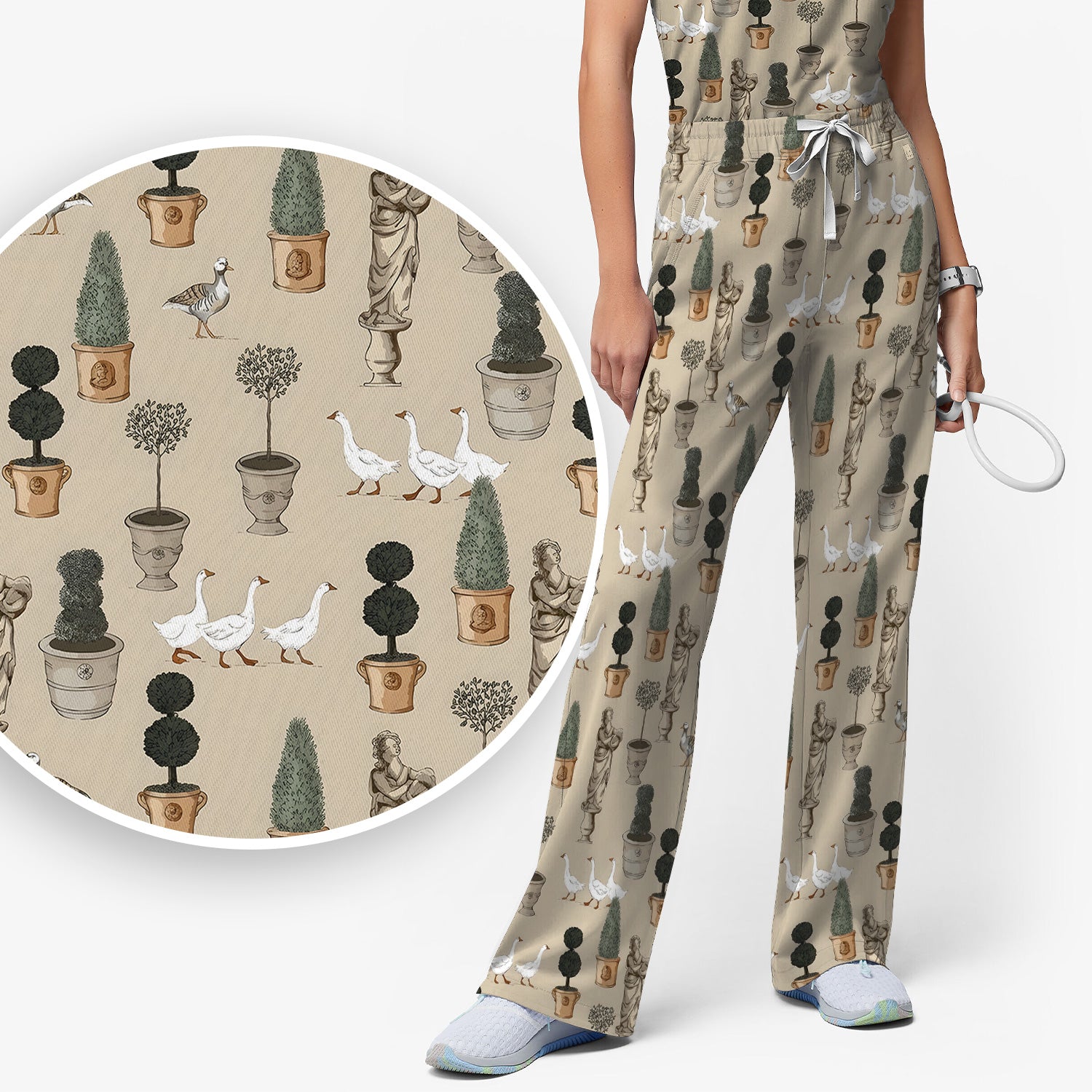 Vintage Garden Statue Topiary Goose Bird Pattern Scrub Set, Scrub Pants and V Neck Top