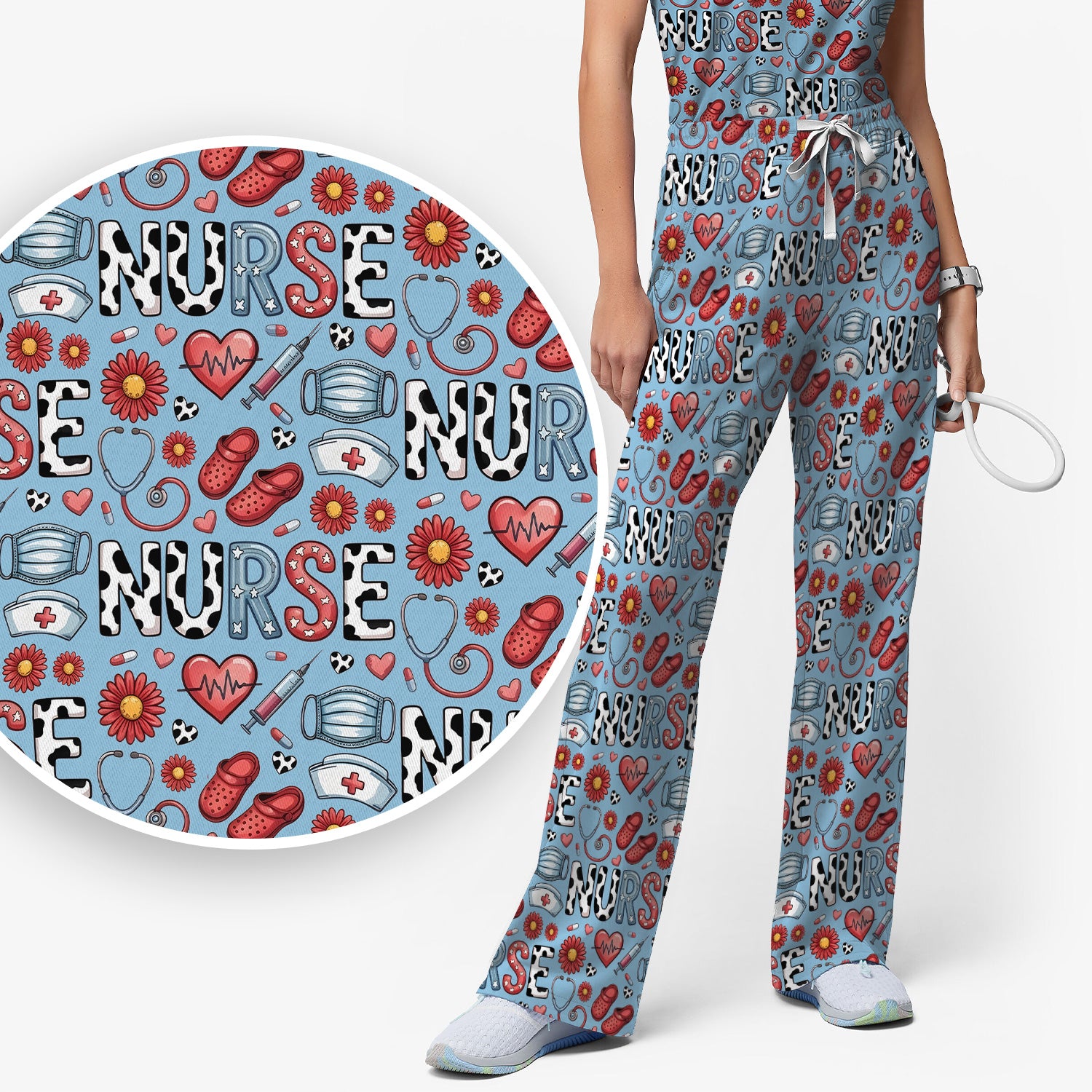 Cute Nurse Medical Icon Pattern Scrub Set, Scrub Pants and V Neck Top