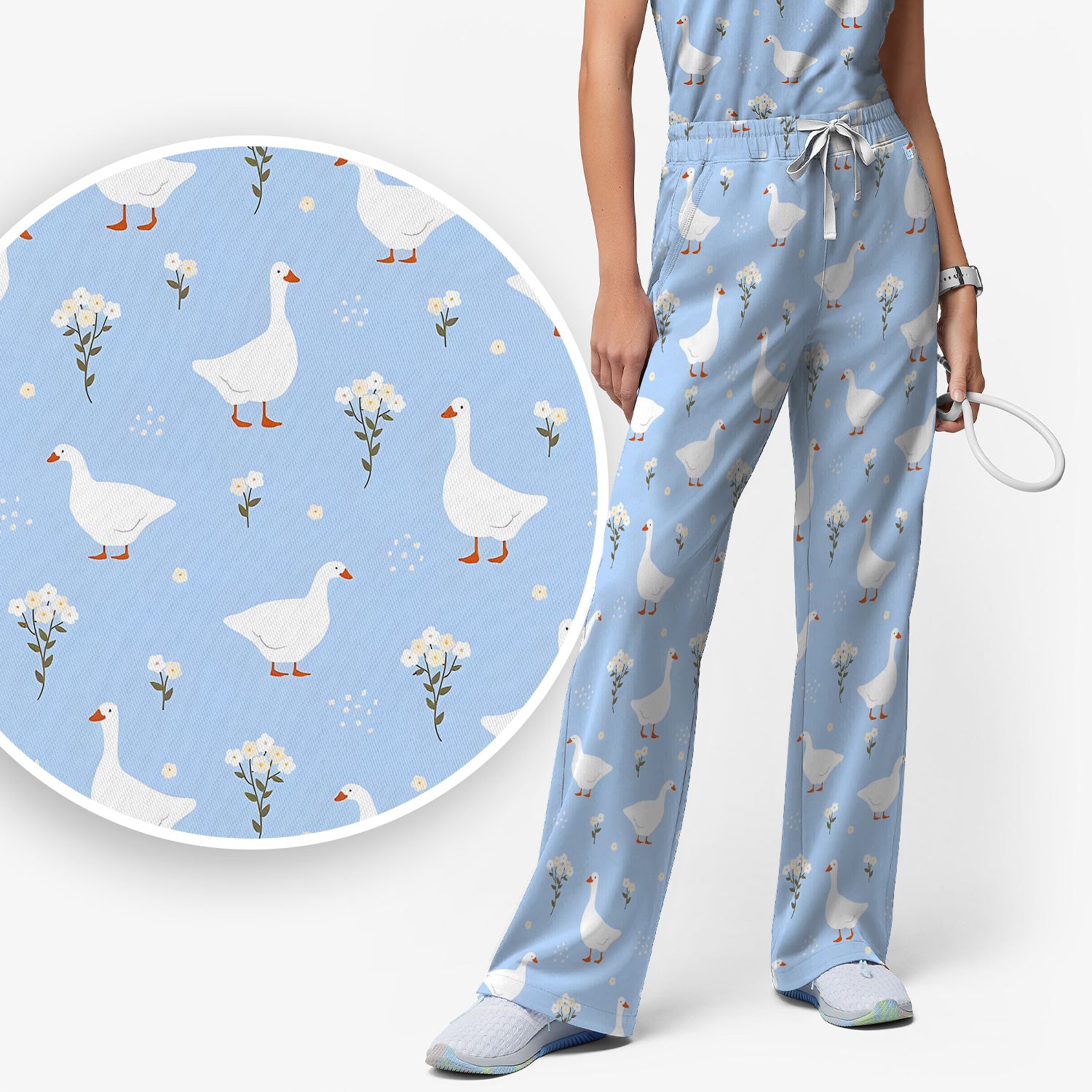 Blue Goose Floral Pattern Scrub Set, Scrub Pants and V Neck Top