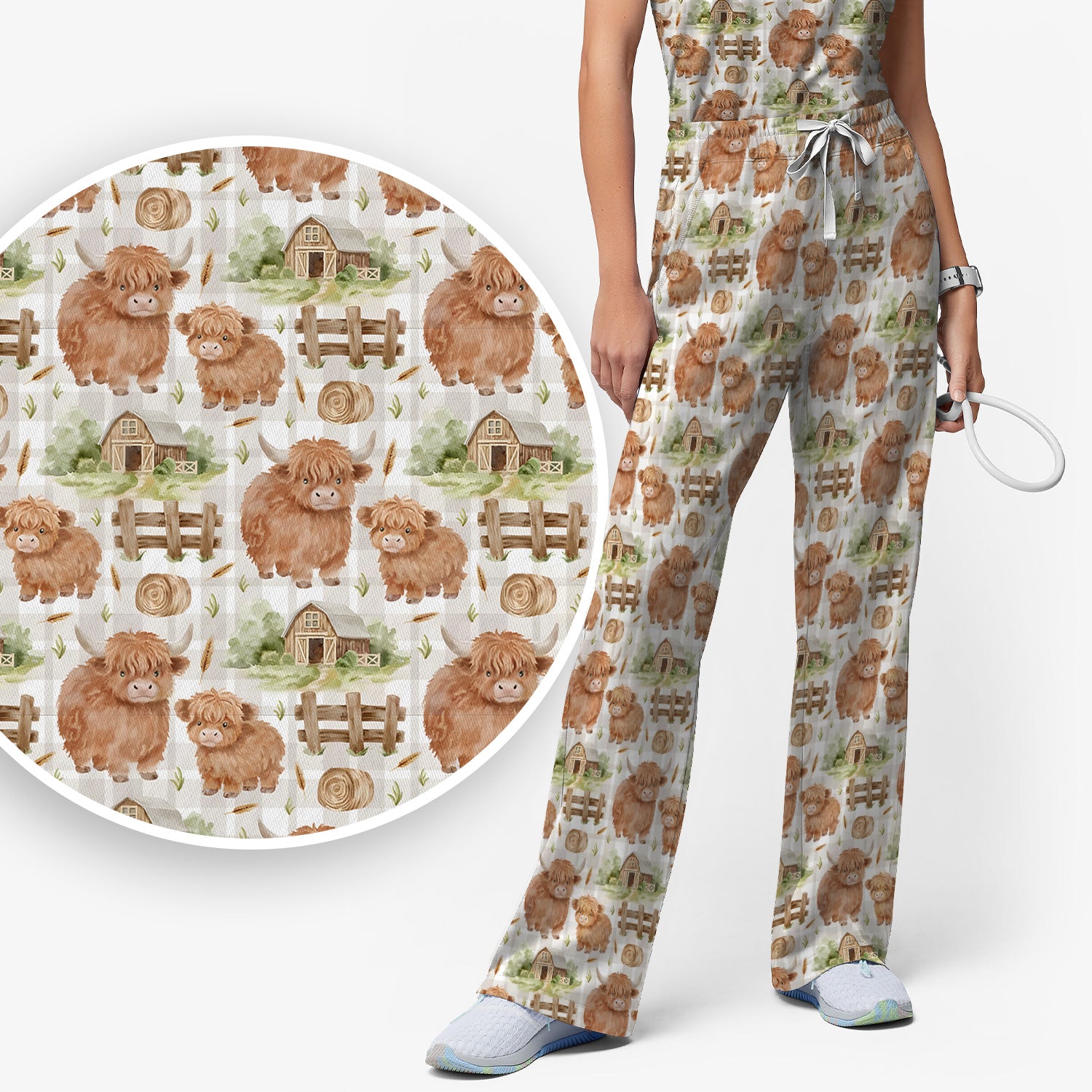 Cute Highland Cow With Farm Barn Fence Scrub Set, Scrub Pants and V Neck Top