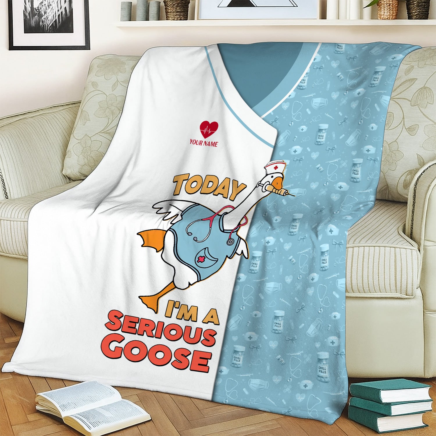 Custom Silly Goose Nurse Blanket - Cute Stethoscope & Scrubs Cartoon - Fun Gift for Healthcare Workers