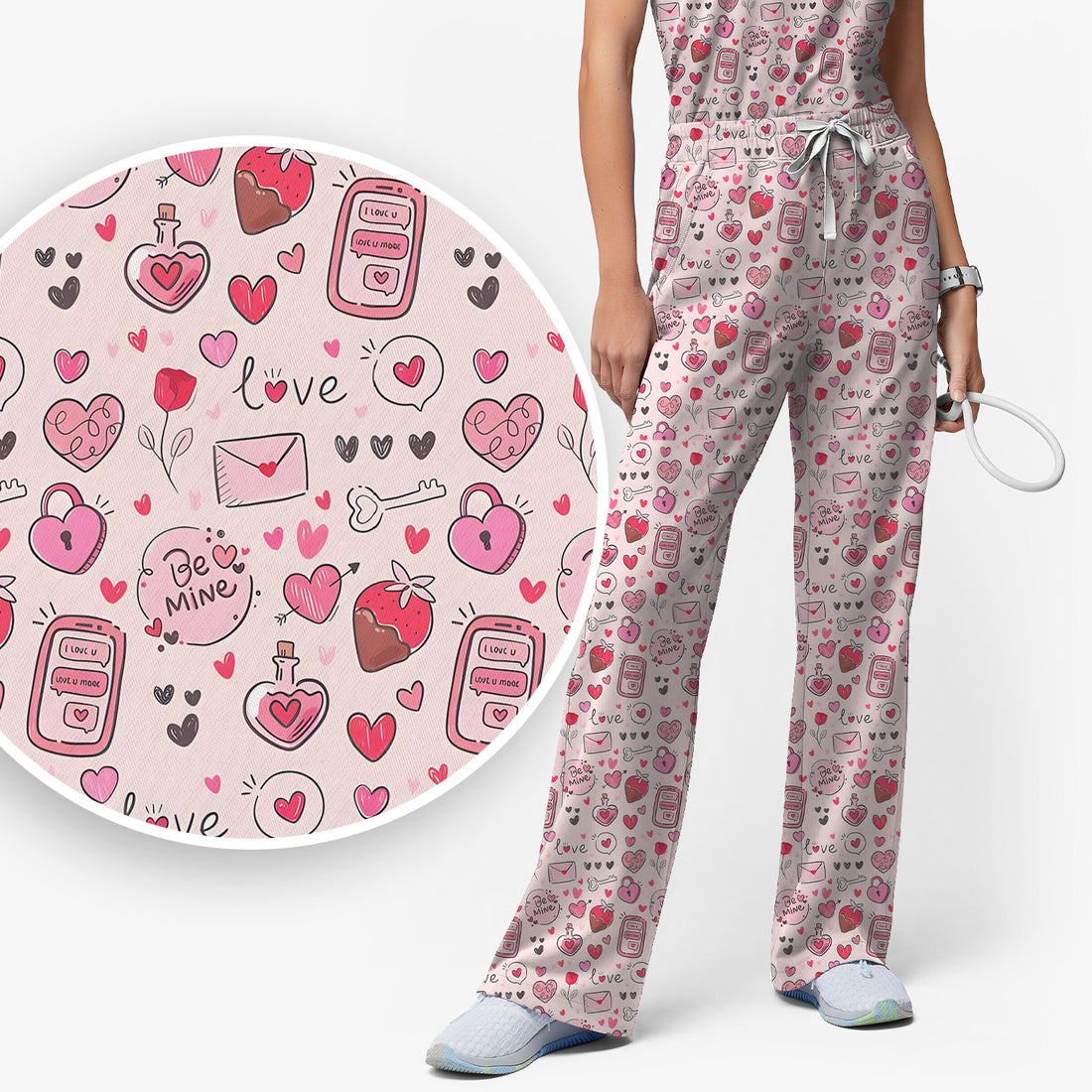 Be Mine Heart Pattern Pattern Scrub Set, Pink Valentine Pattern Nursing Uniform For Women