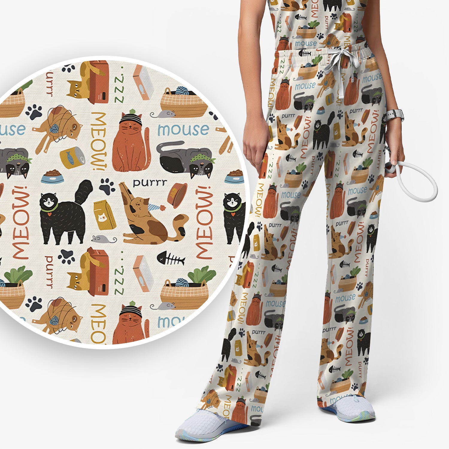 Meow Purr Cat Life Print Scrub Set, Women's Scrub Sets