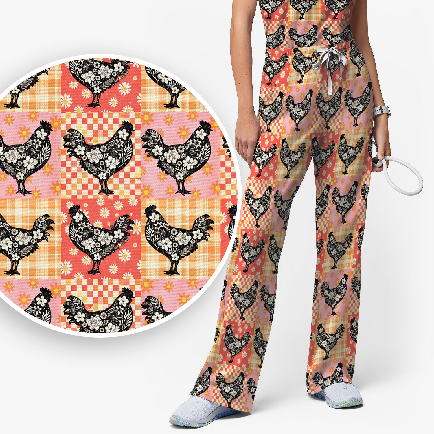 Cute Floral Chicken Patchwork Print Scrub Set, Scrub Pants and V Neck Top