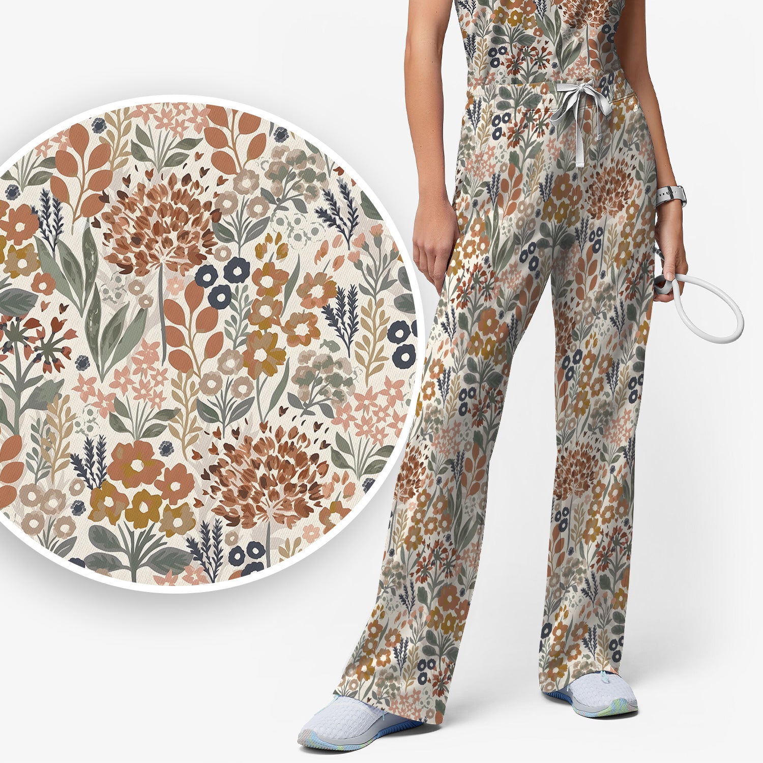 Vintage Botanical Floral Pattern Scrub Set, Women's Scrub Sets