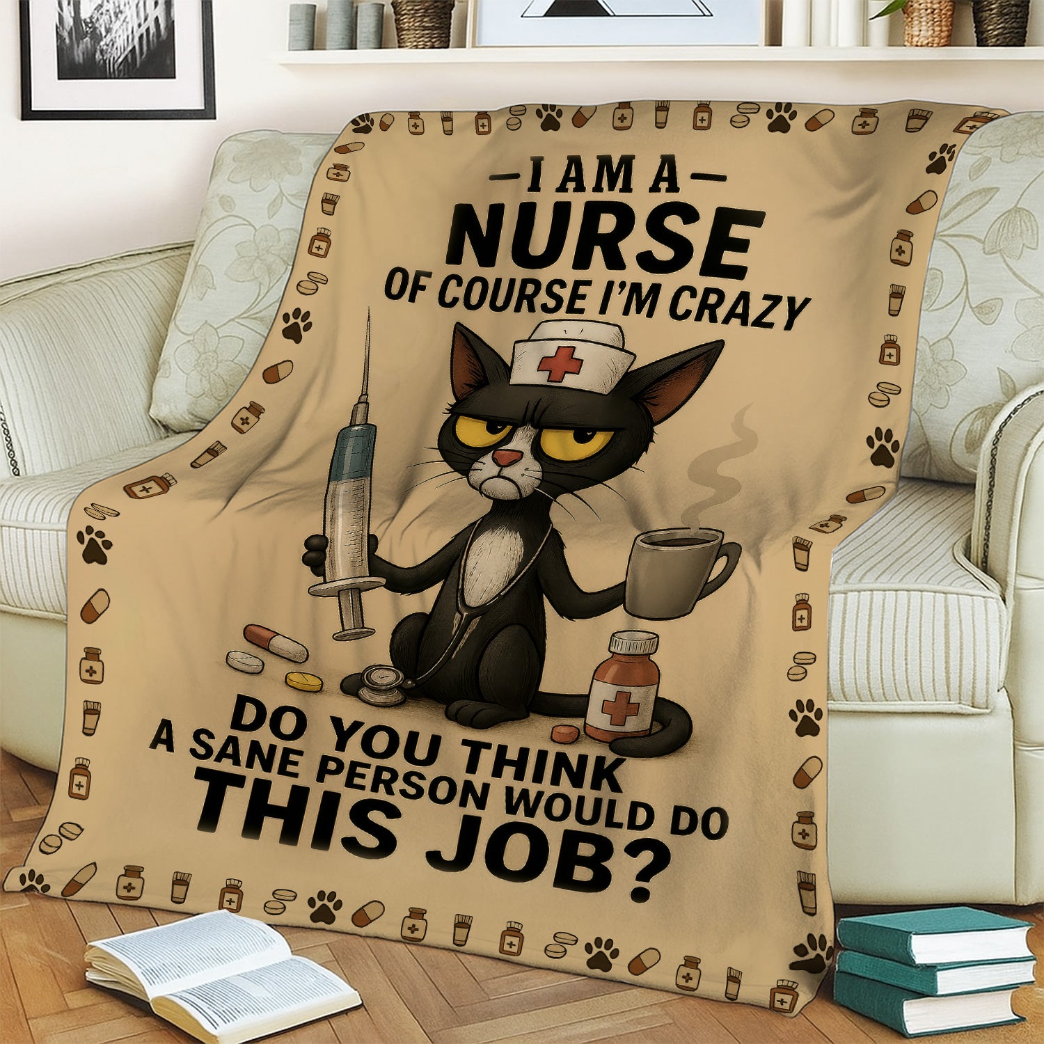 Personalized Crazy Nurse Blanket - Cute Black Cat in Scrubs with Stethoscope & Coffee Graphic - Gift Idea for Registered Nurses CNA LPN