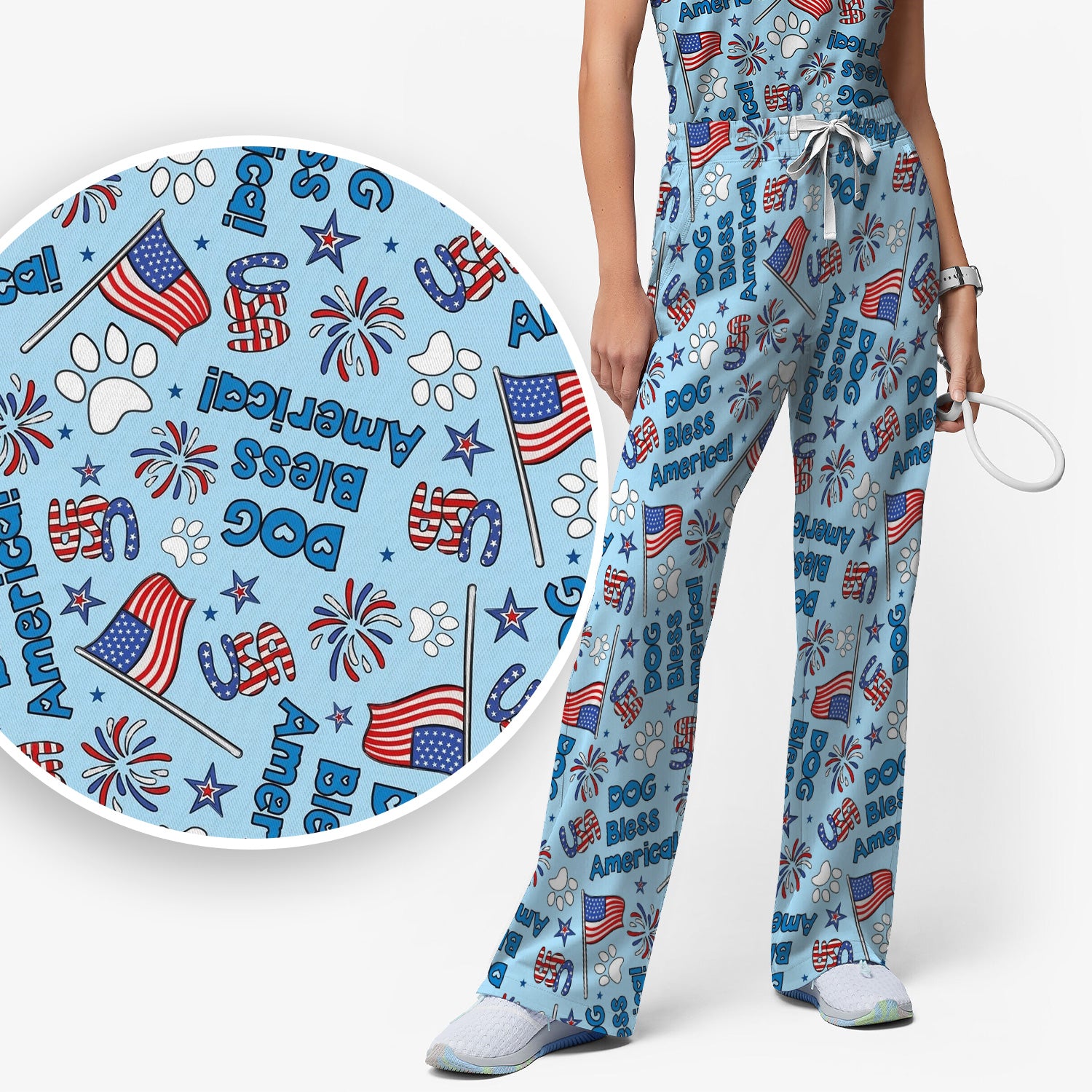 Funny Patriotic Dog Bless America Flag Pattern Scrub Set, Scrub Pants and V Neck Top