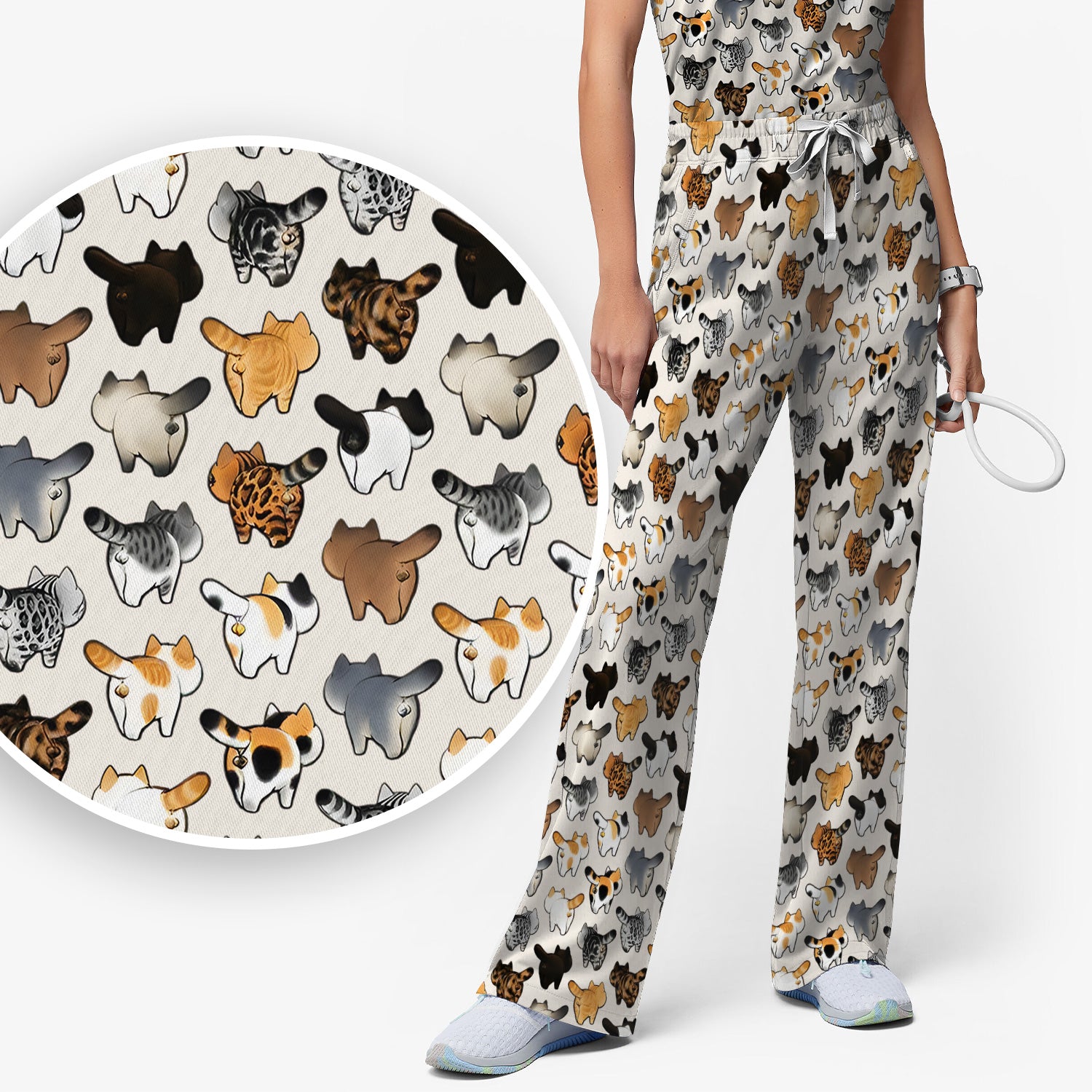 Cat Butt Pattern Medical Scrub Set, Breathable Fabrics Nursing Uniform