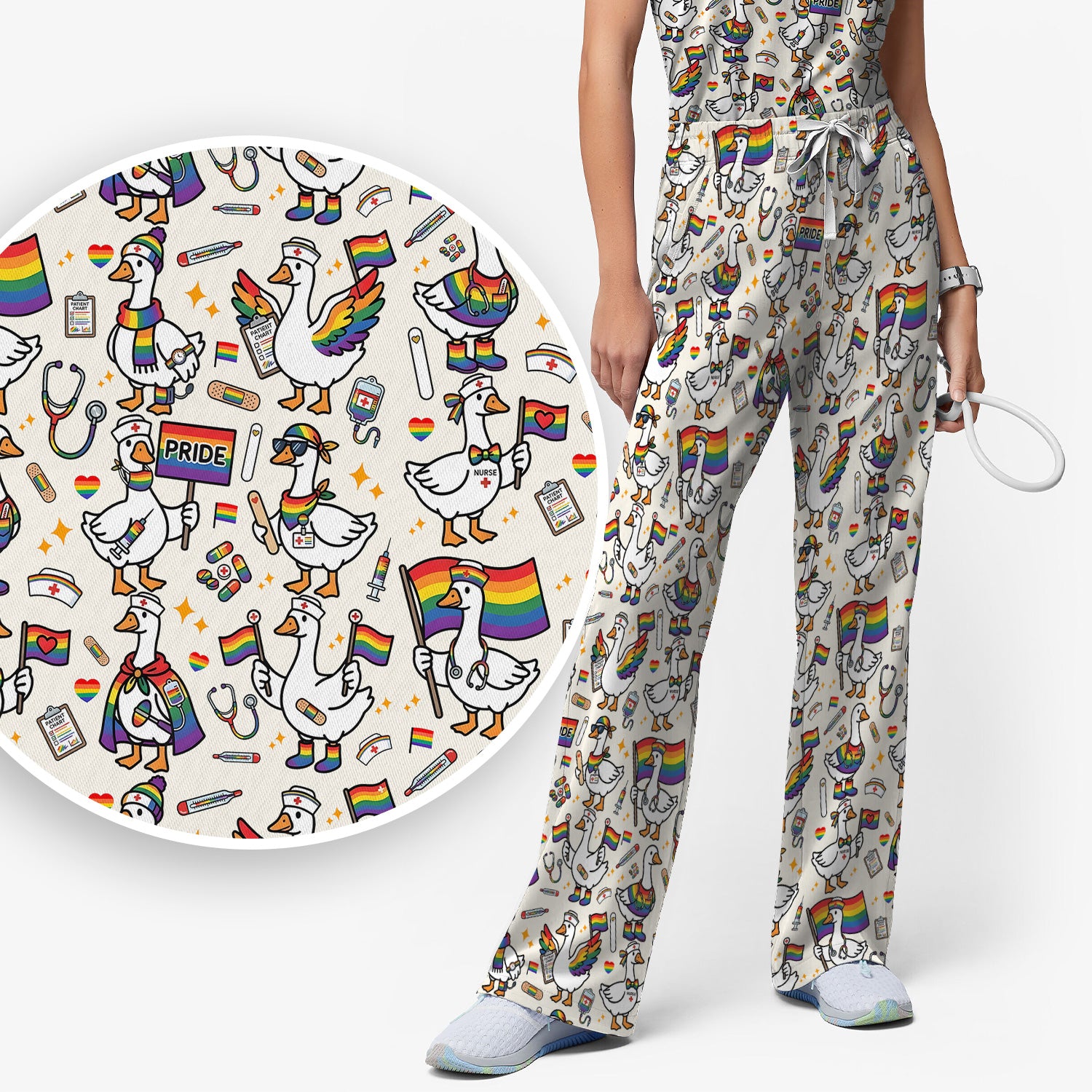 LGBT Pride Nurse Duck Pattern Scrub Set, Breathable Med Uniform