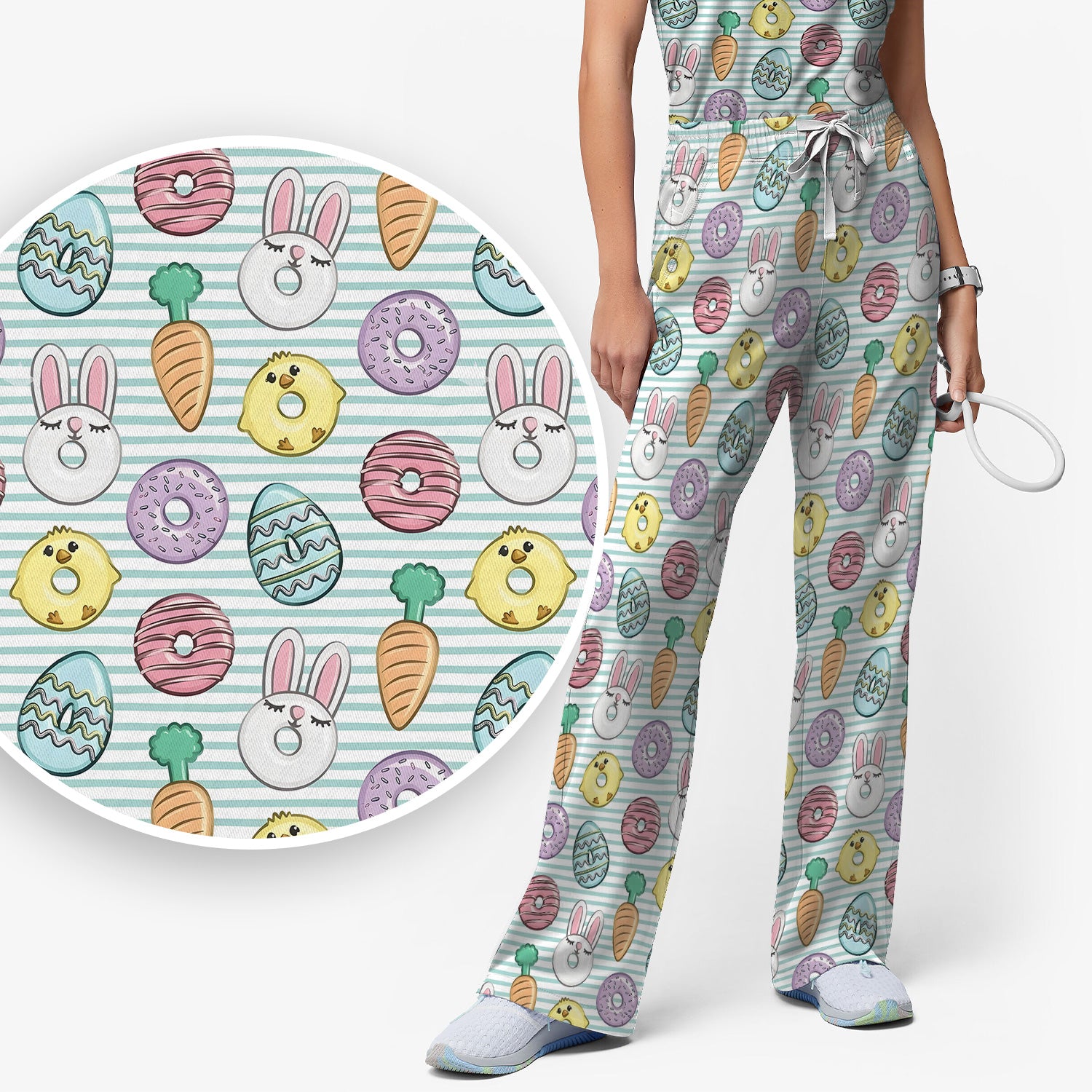 Funny Easter Chick Bunny Pattern Scrub Set, Scrub Pants and V Neck Top