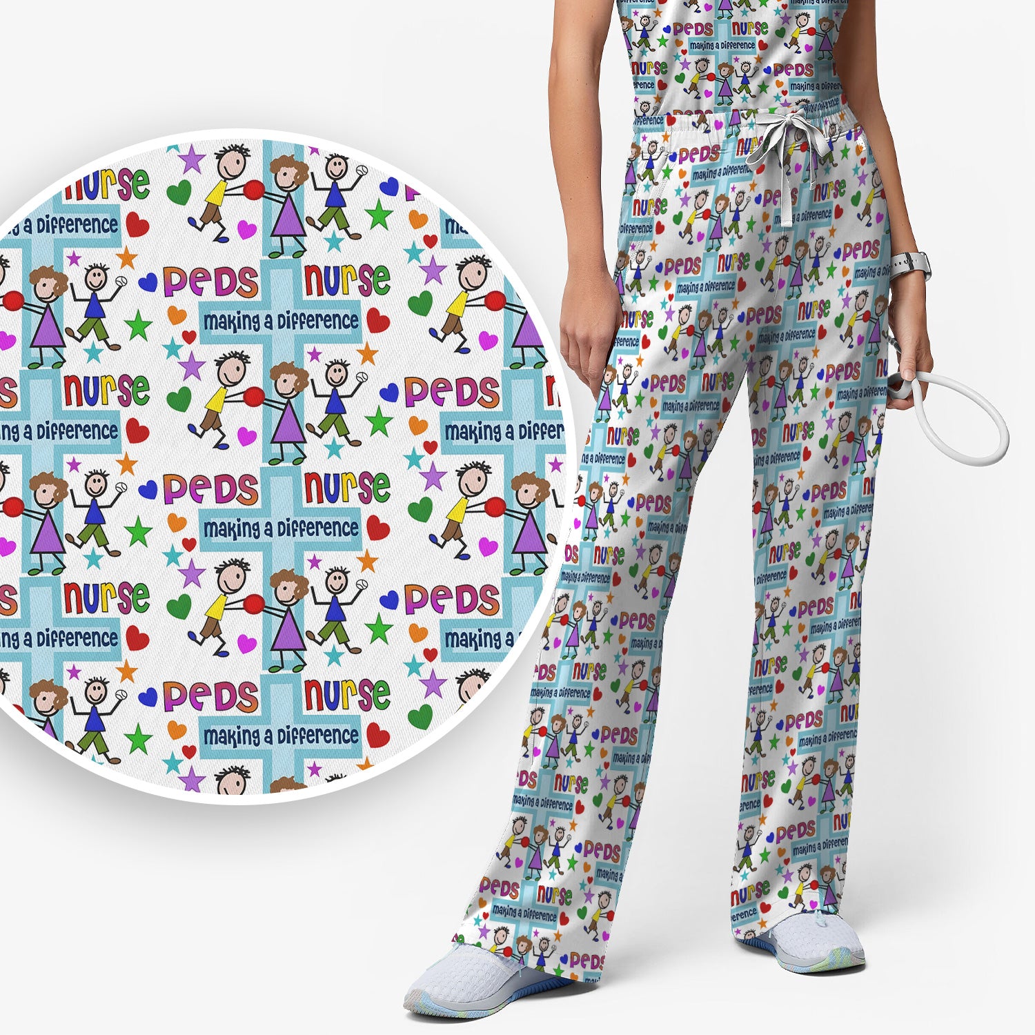 Peds Nurse Making A Difference Pattern Scrub Set, Scrub Pants and V Neck Top