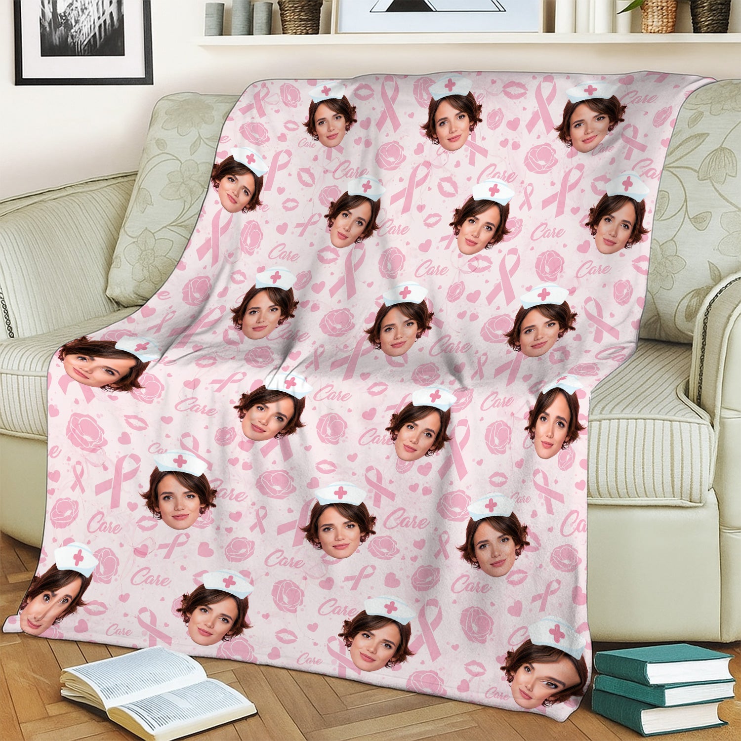 Custom Face Nurse Blanket Pink Ribbon Awareness - Personalized Breast Cancer Support Throw - Gift for Women RN LPN CNA
