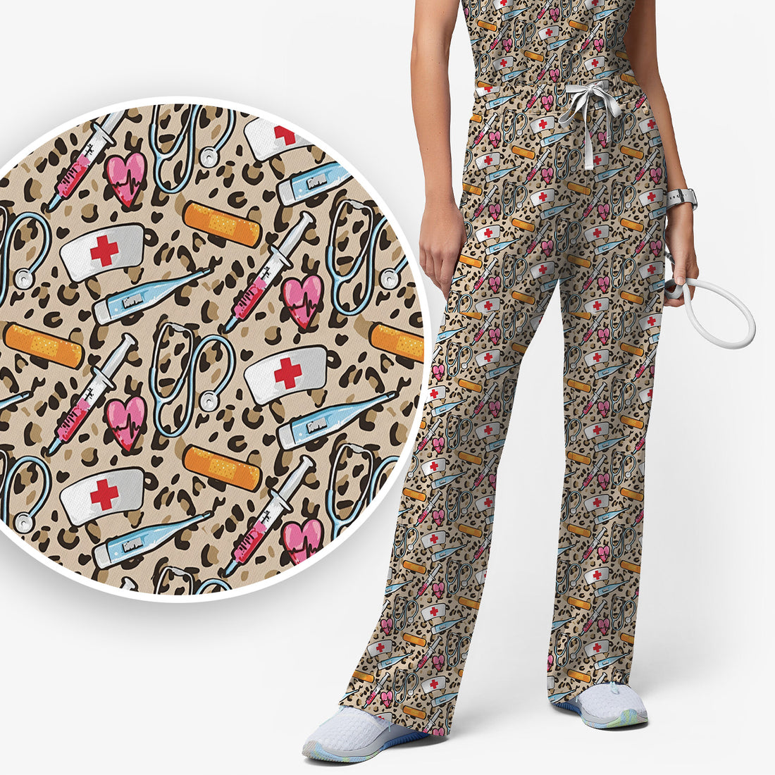 Leopard Medical Tools Pink Heart Print Scrub Set, Scrub Pants and V Neck Top
