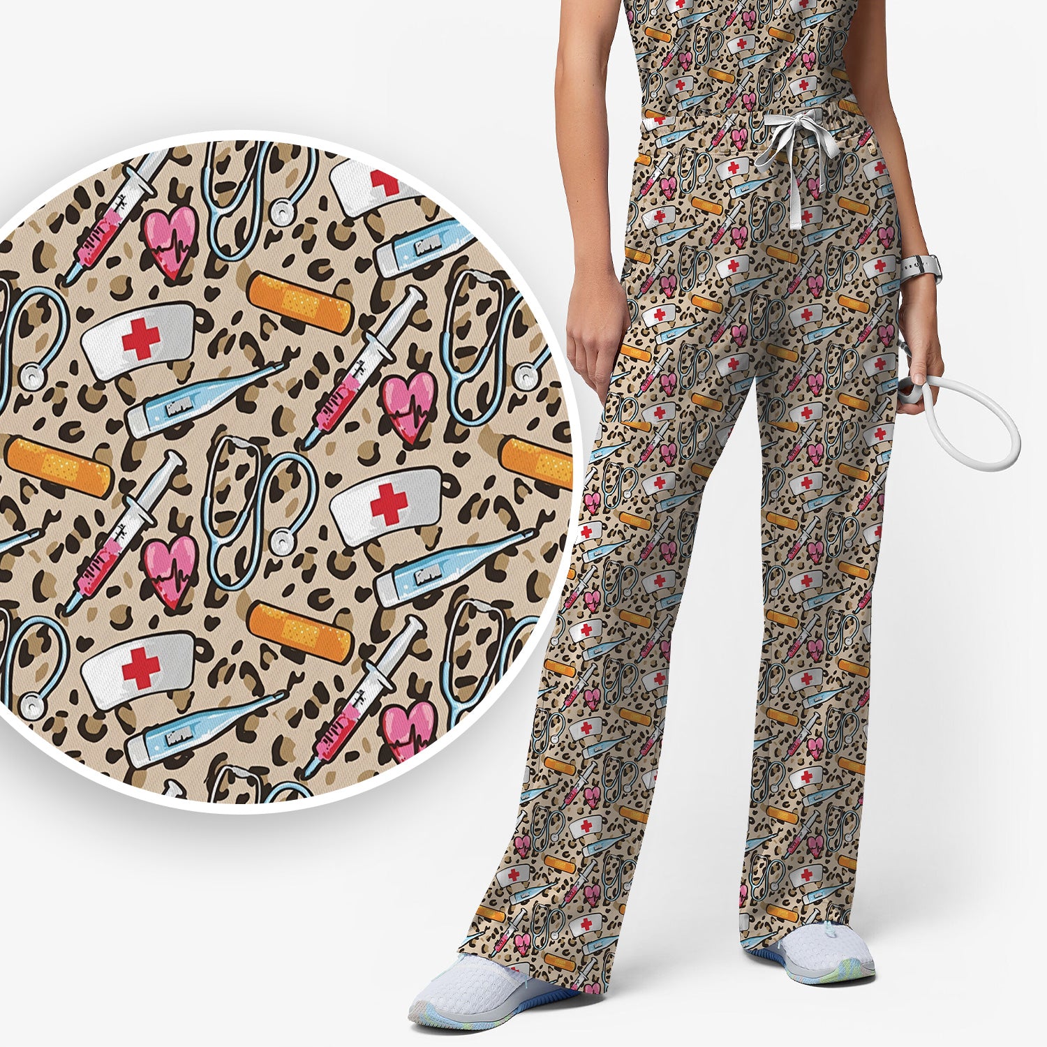 Leopard Medical Tools Pink Heart Print Scrub Set, Scrub Pants and V Neck Top