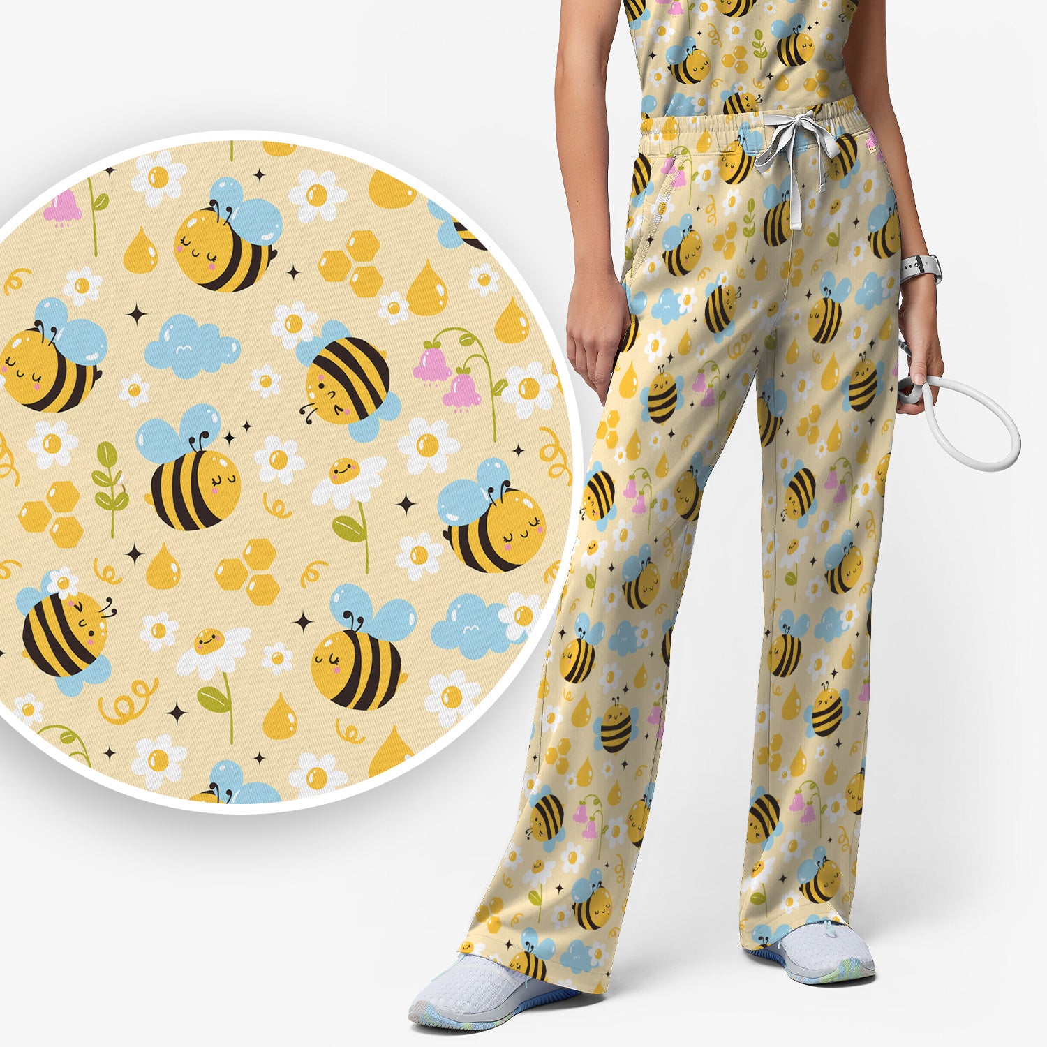 Honey Bee Flower Cloud Pattern Scrub Set, Scrub Pants and V Neck Top