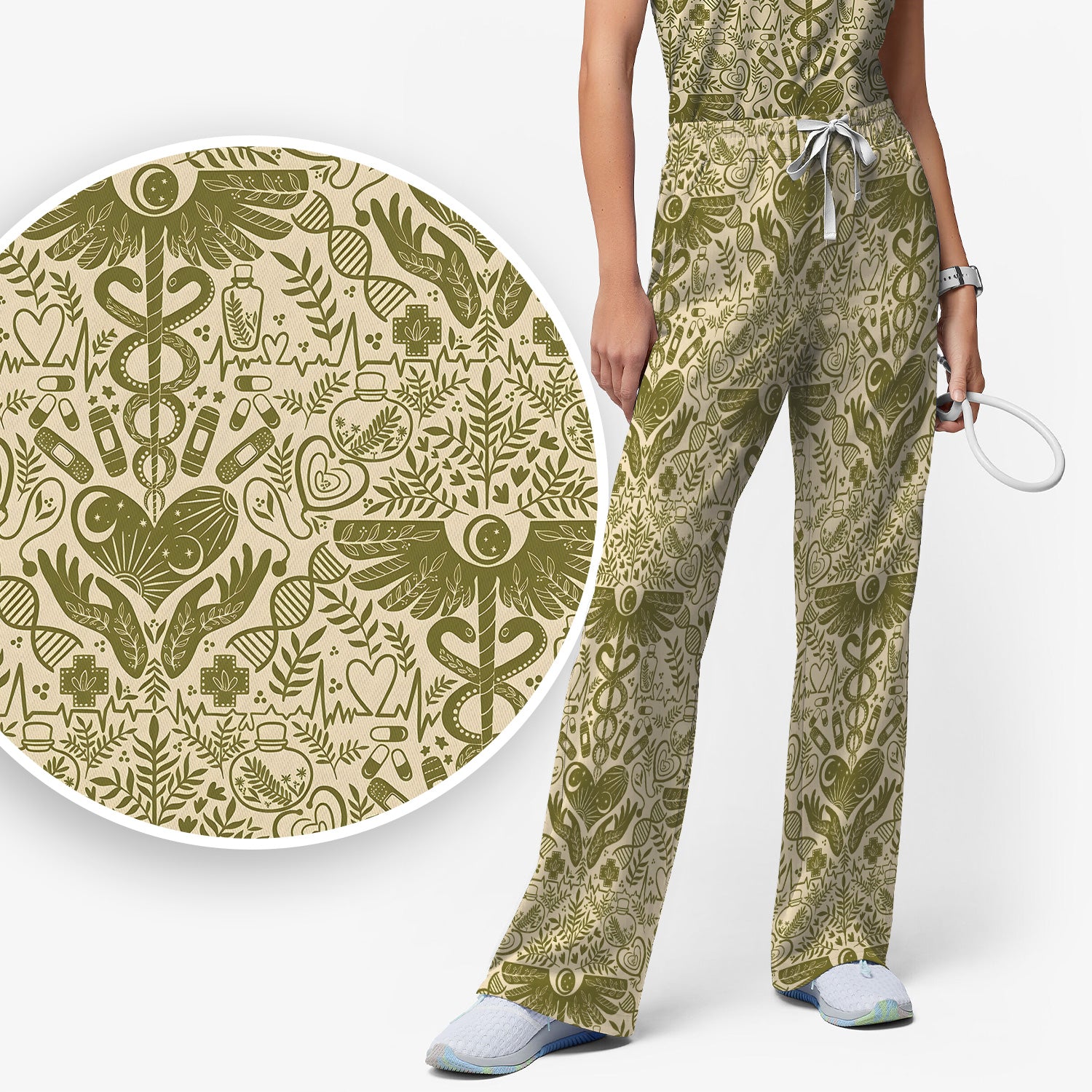 Inspirational Botanical Medical Caduceus Heart Nurse Pattern Scrub Set, Breathable Med Uniform