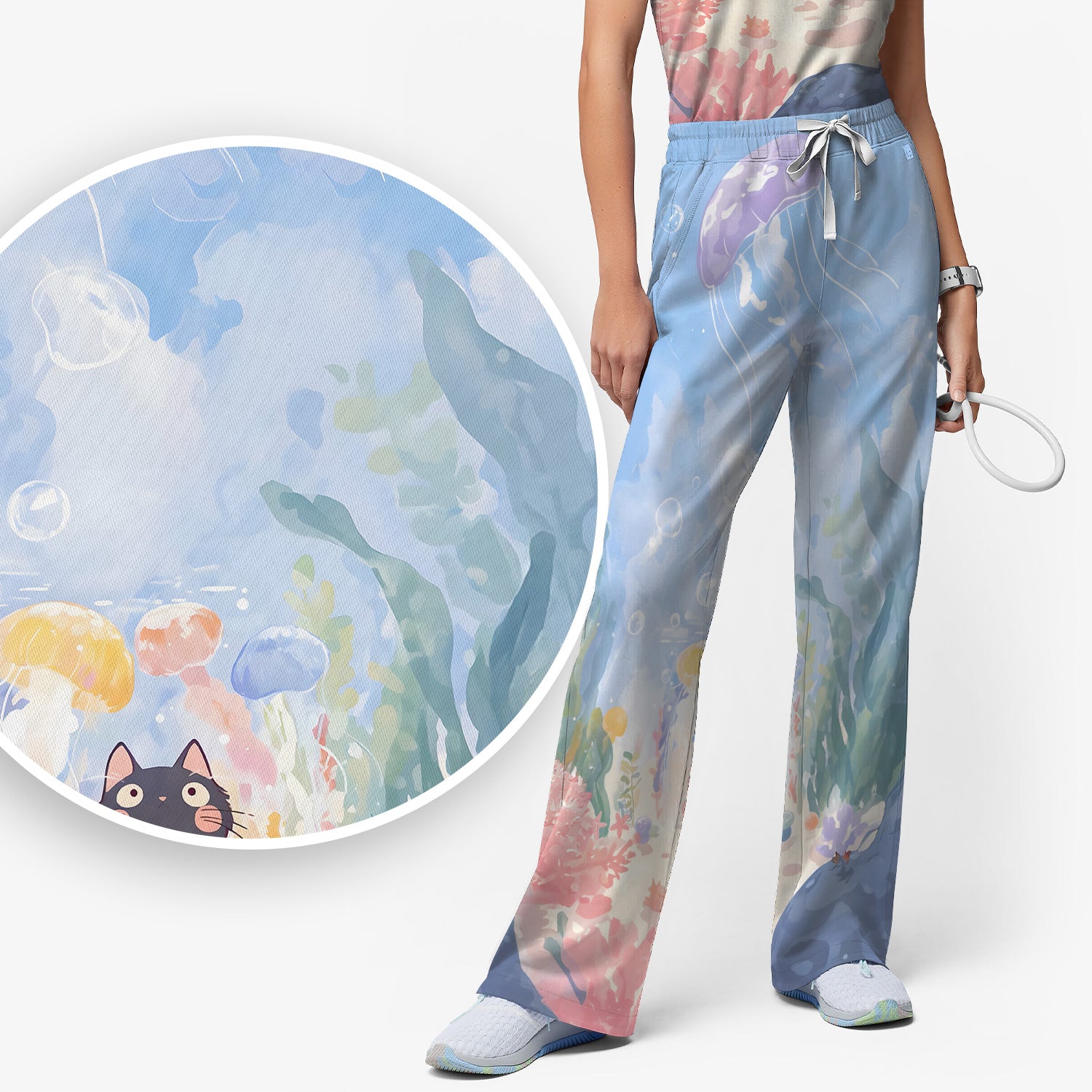 Cute Underwater Black Cat Jellyfish Pattern Scrub Set, Scrub Pants and V Neck Top