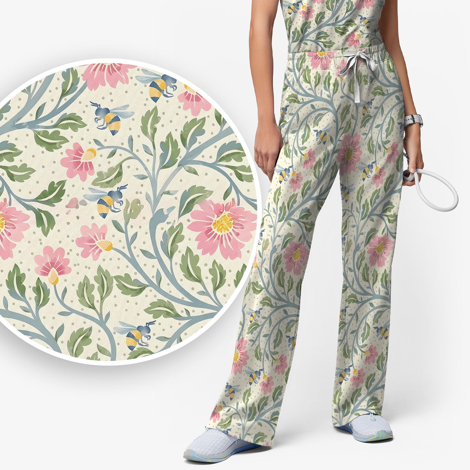 Cute Floral Bee Garden Nurse Pattern Scrub Set, Scrub Pants and V Neck Top