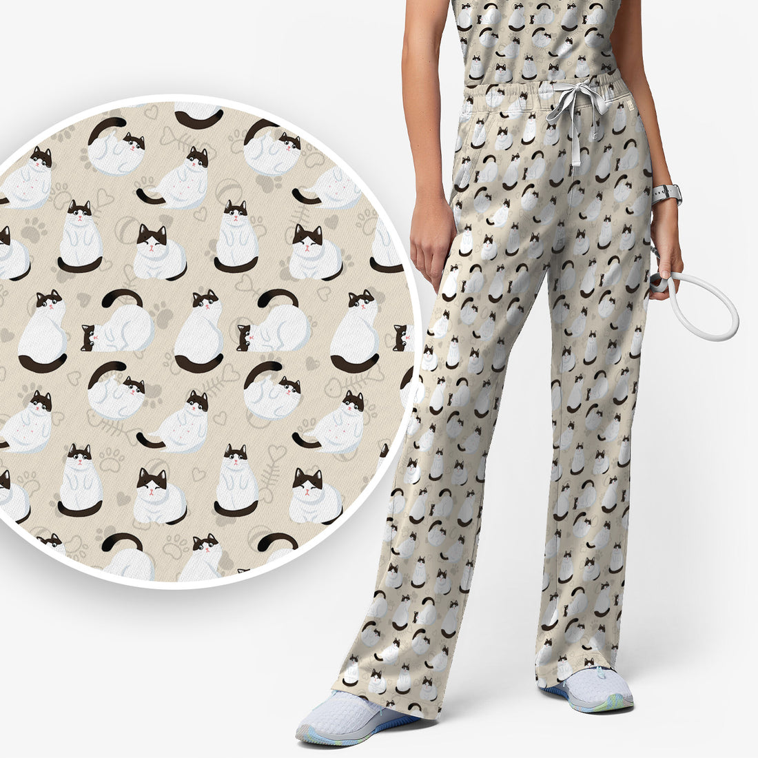 Cute Cat Pattern Medical Scrub Set, Breathable Fabrics Nursing Uniform