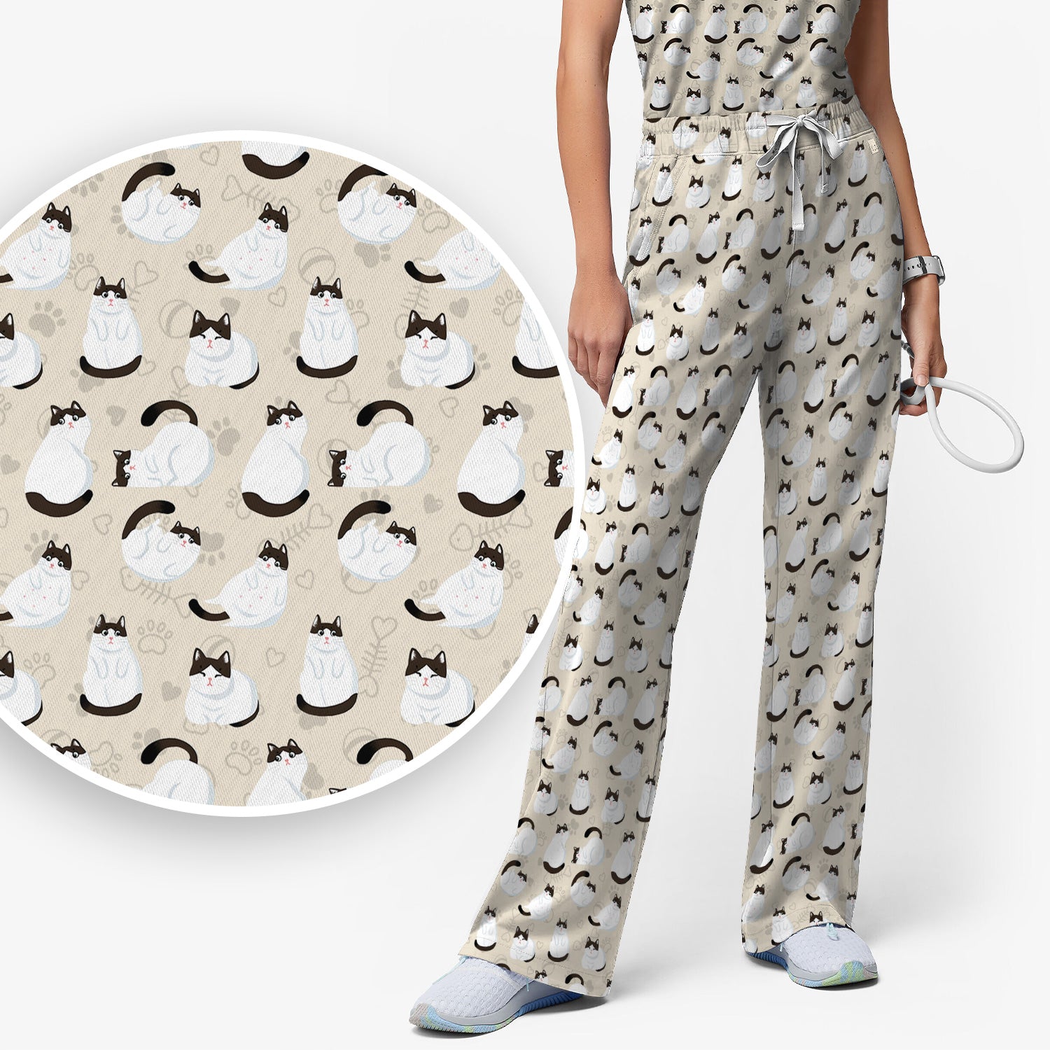 Cute Cat Pattern Medical Scrub Set, Breathable Fabrics Nursing Uniform