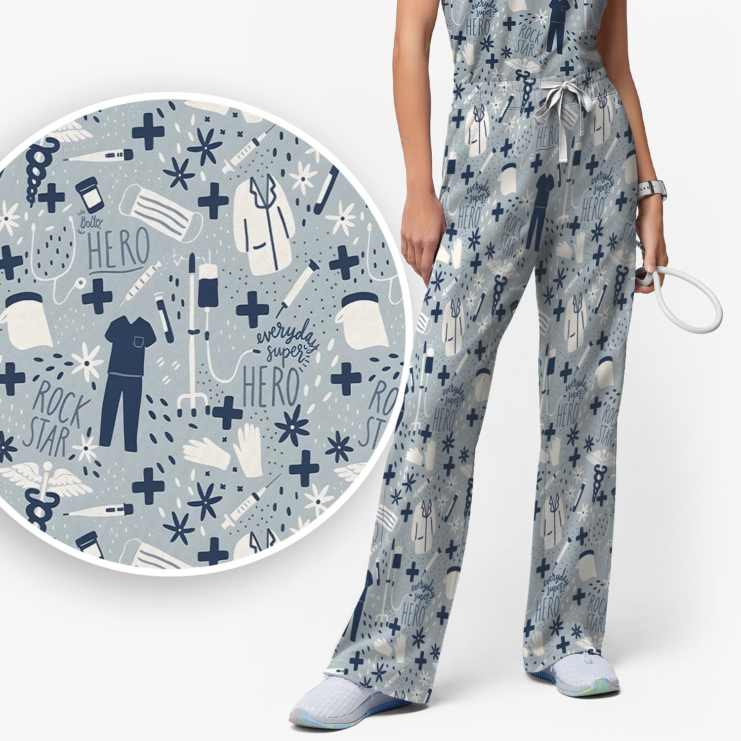 Inspirational Healthcare Hero Medical Tools Nurse Pattern Scrub Set, Scrub Pants and V Neck Top